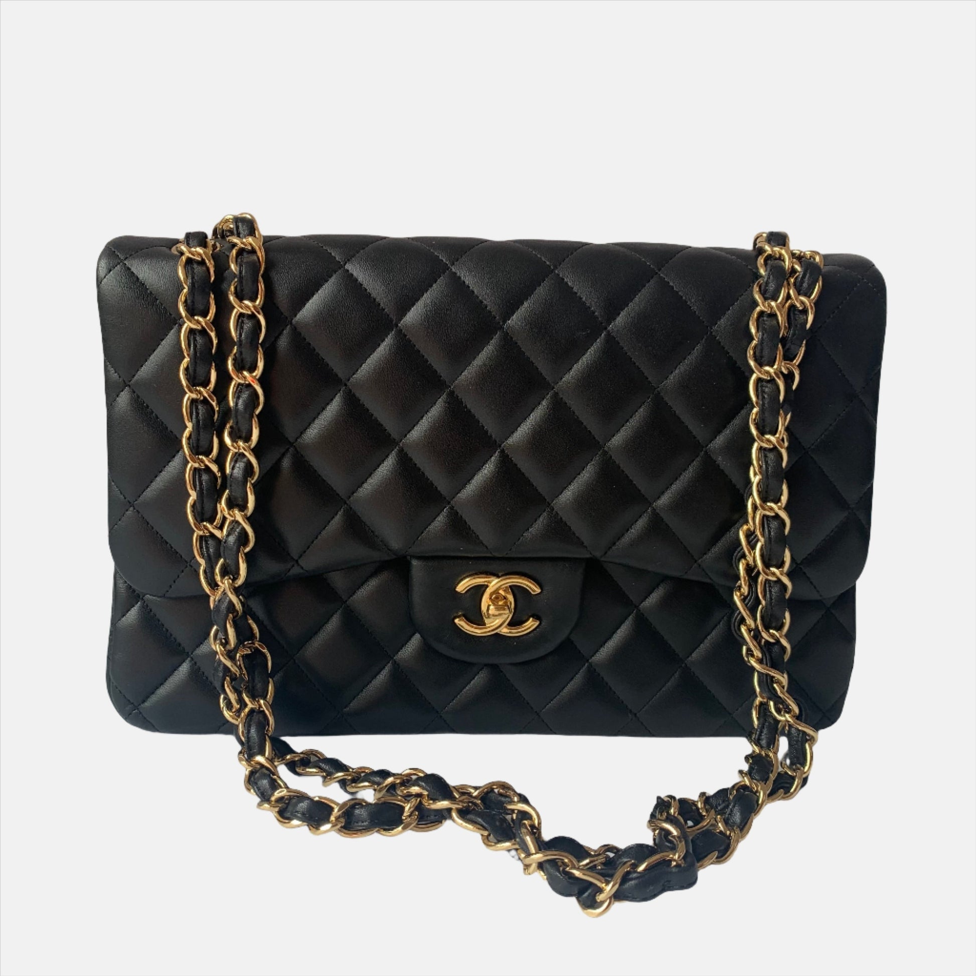 Chanel Classic Flap Jumbo Lambskin Double Flap Black Gold Leather Handbag 5