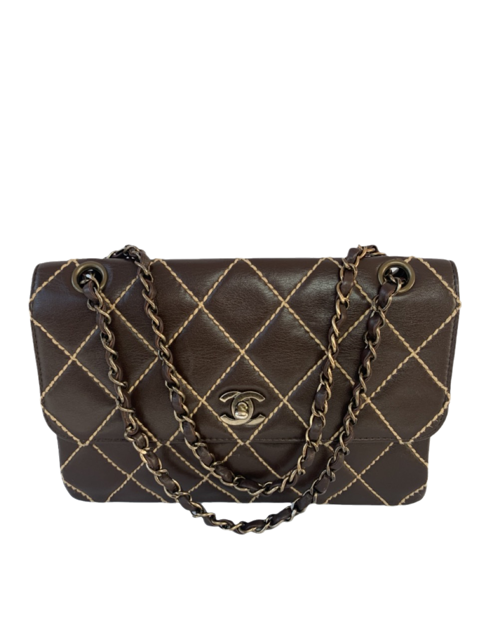 Chanel Wild Stitch Flap Stitching Detail Brown Beige Leather Handbag