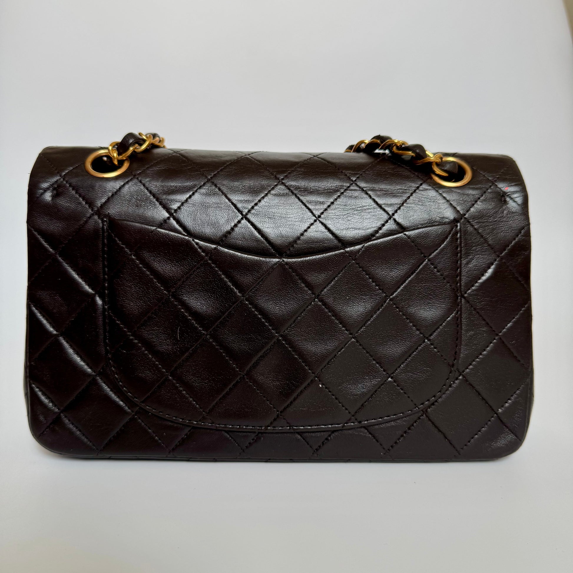 Chanel Classic Flap Dark Chocolate Lambskin 24k Brown Gold Small Leather Handbag