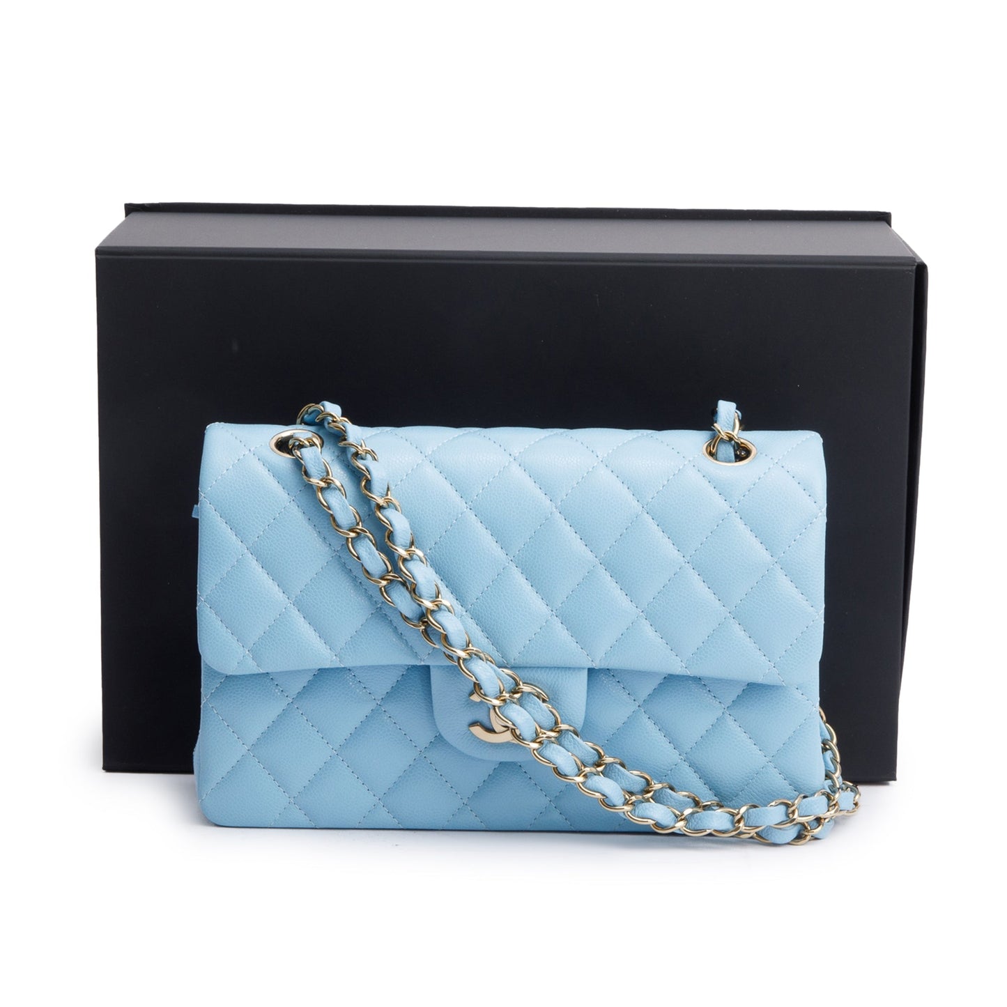 Chanel Light Quilted Caviar Classic Double Leather Blue Travel Bag W Box