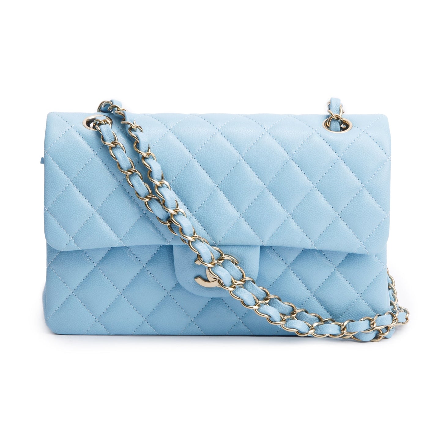 Chanel Light Quilted Caviar Classic Double Leather Blue Travel Bag W Box