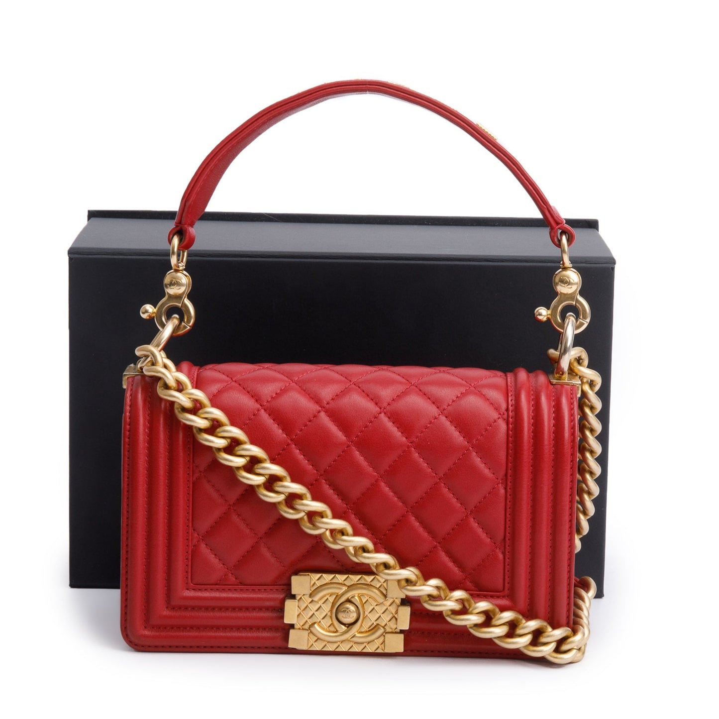 Chanel Quilted Logo Top Handle Boy Leather Lambskin Red Travel Bag