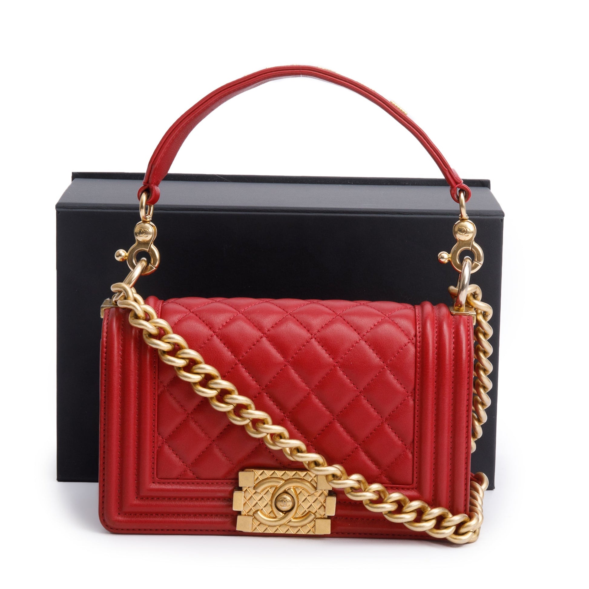 Chanel Quilted Logo Top Handle Boy Leather Lambskin Red Travel Bag