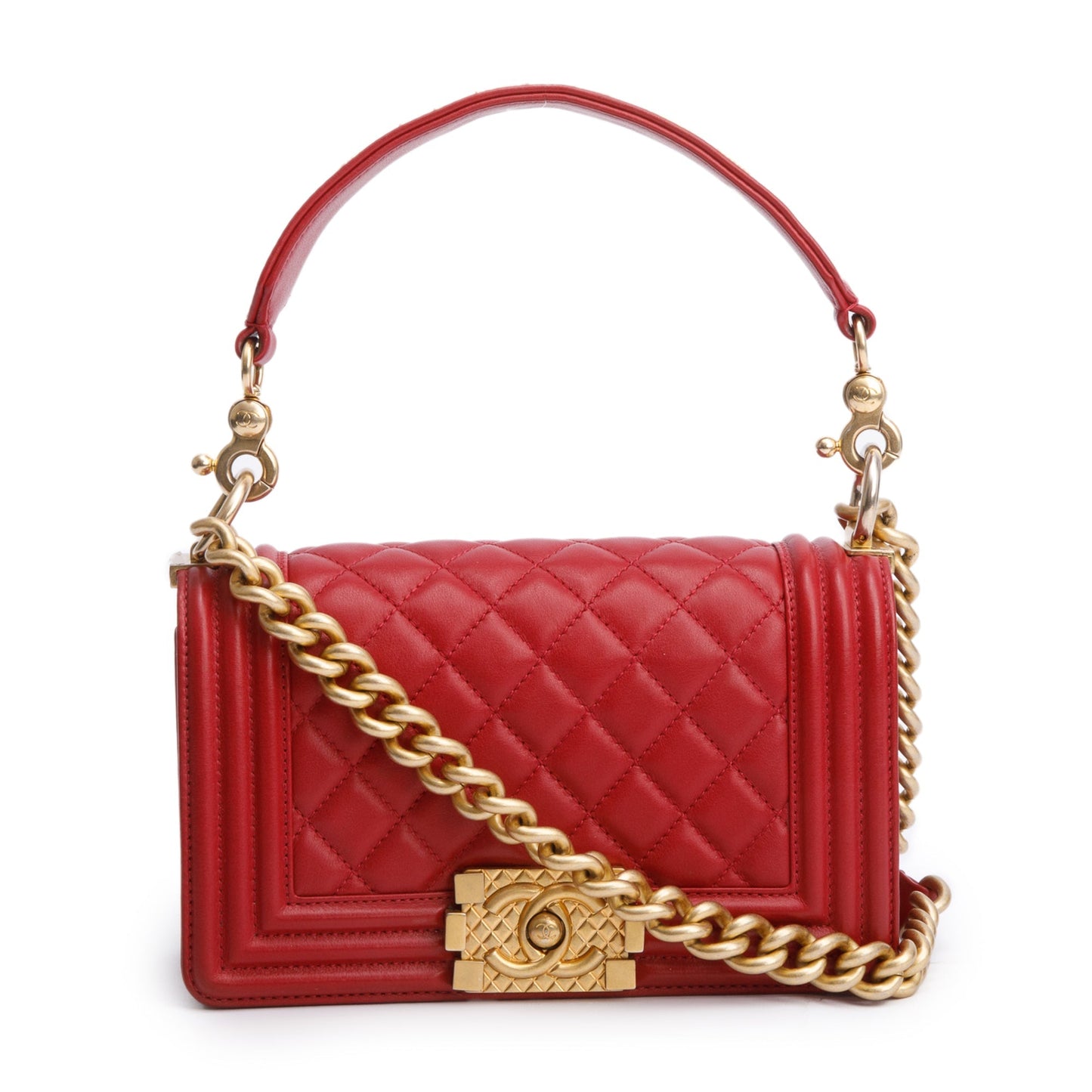 Chanel Quilted Logo Top Handle Boy Leather Lambskin Red Travel Bag
