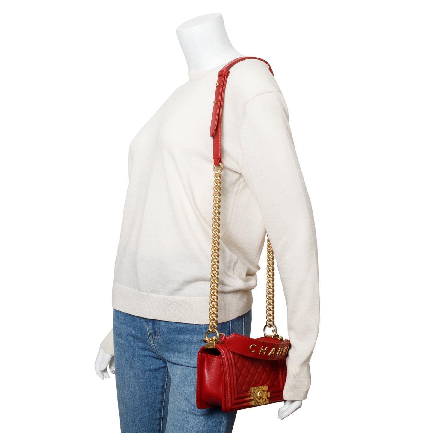 Chanel Quilted Logo Top Handle Boy Leather Lambskin Red Travel Bag