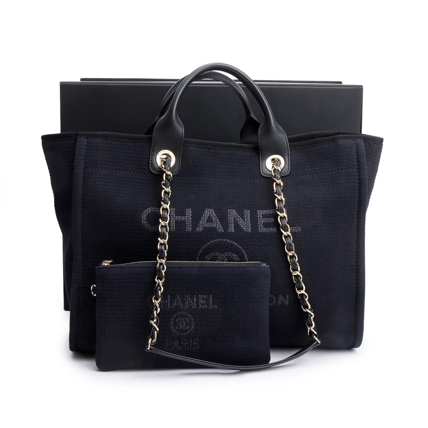 Chanel Trim Deauville Shopping Canvas Leather Calfskin Black Travel Bag