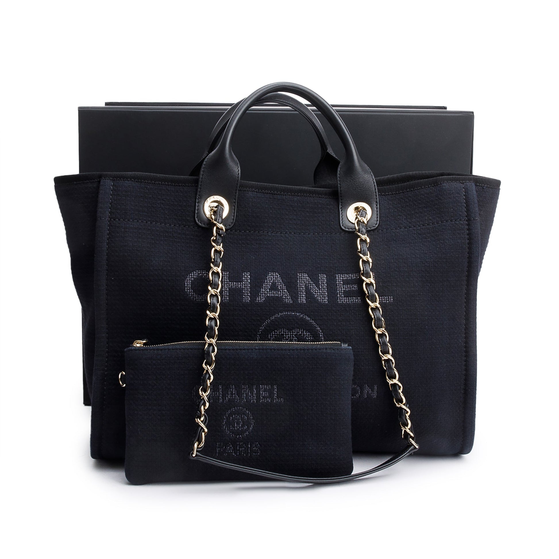 Chanel Trim Deauville Shopping Canvas Leather Calfskin Black Travel Bag