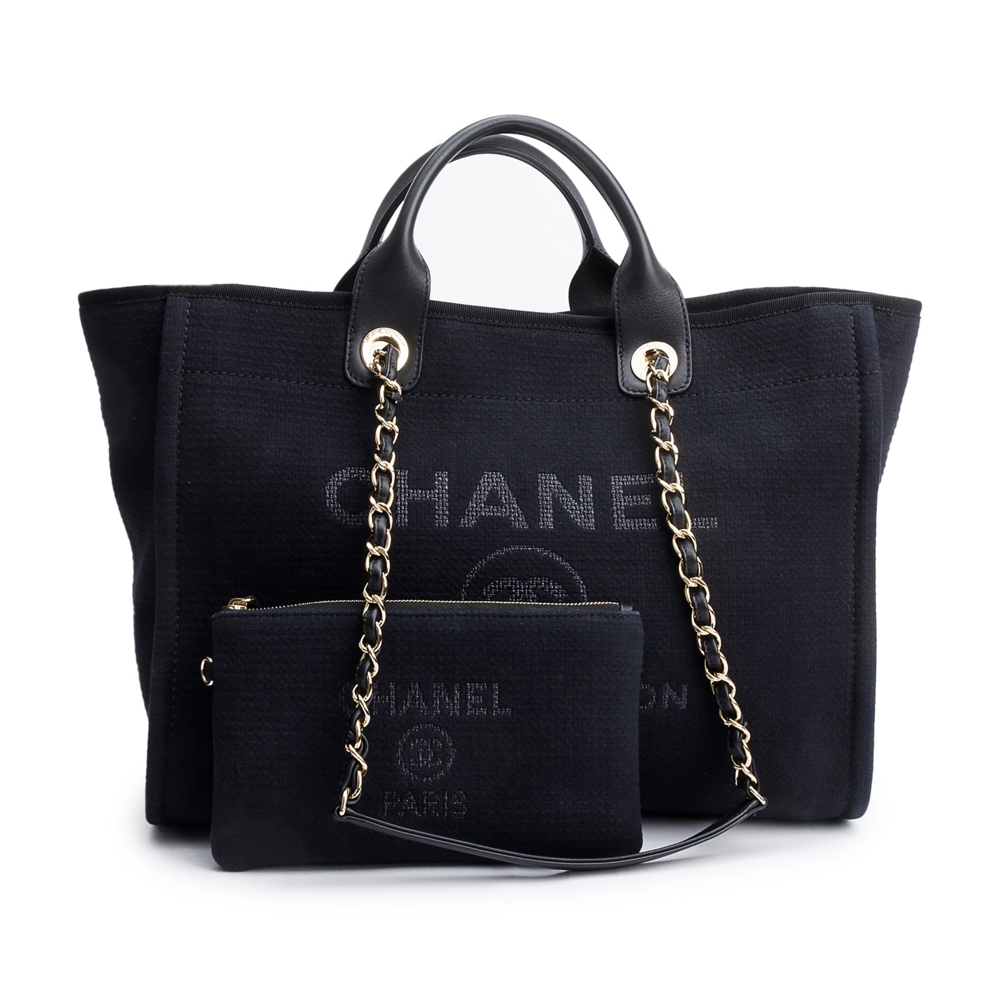 Chanel Trim Deauville Shopping Canvas Leather Calfskin Black Travel Bag