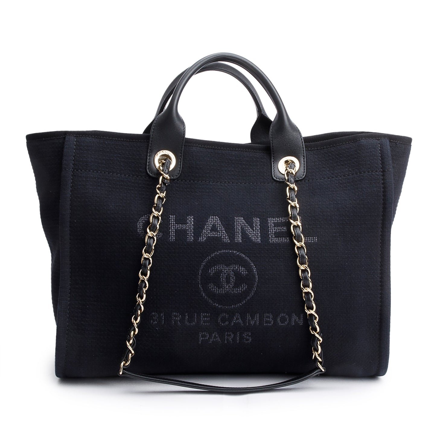 Chanel Trim Deauville Shopping Canvas Leather Calfskin Black Travel Bag
