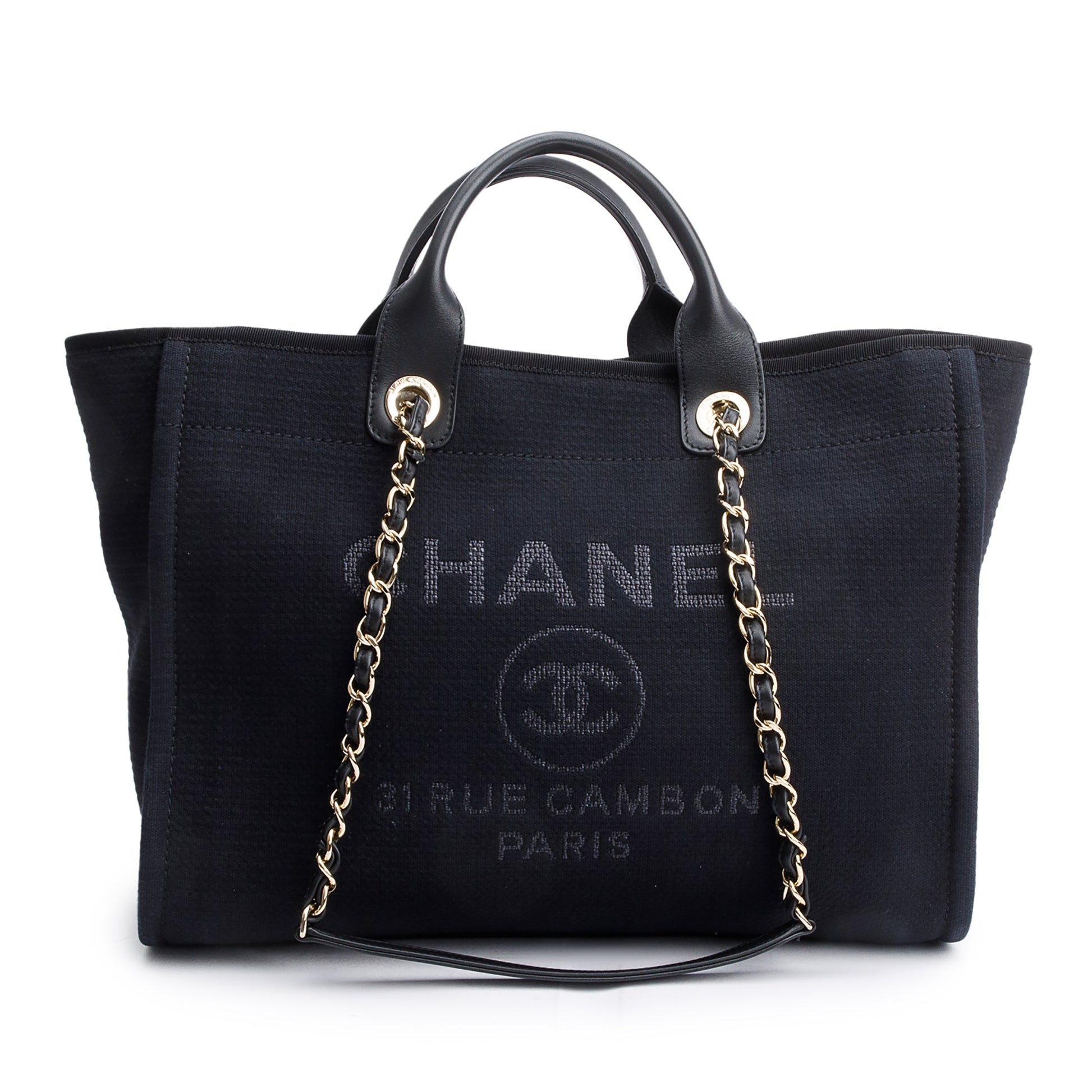 Chanel Trim Deauville Shopping Canvas Leather Calfskin Black Travel Bag