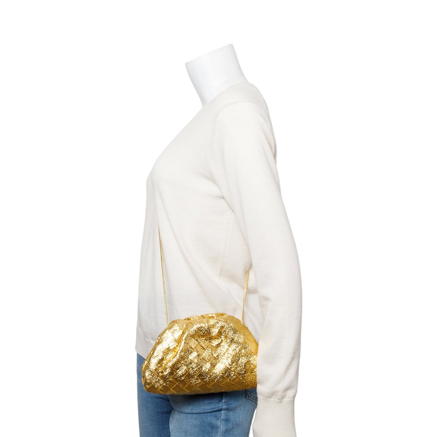 Bottega Veneta Metallic Calfskin Intrecciato The Pouch Travel Bag Leather Gold