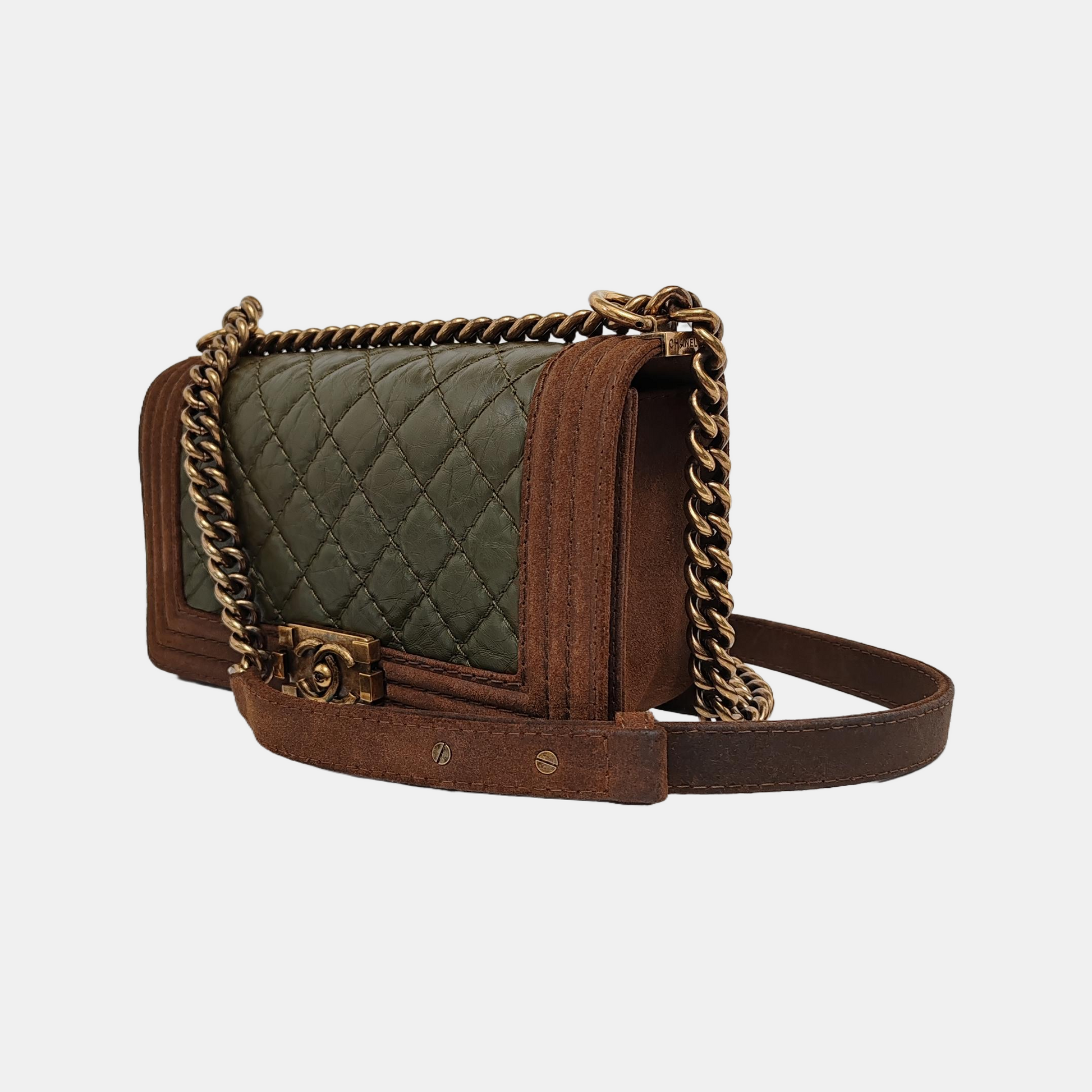 Chanel Le Boy Dark Calfskin Suede Hardware Brown Green Gold Leather Handbag