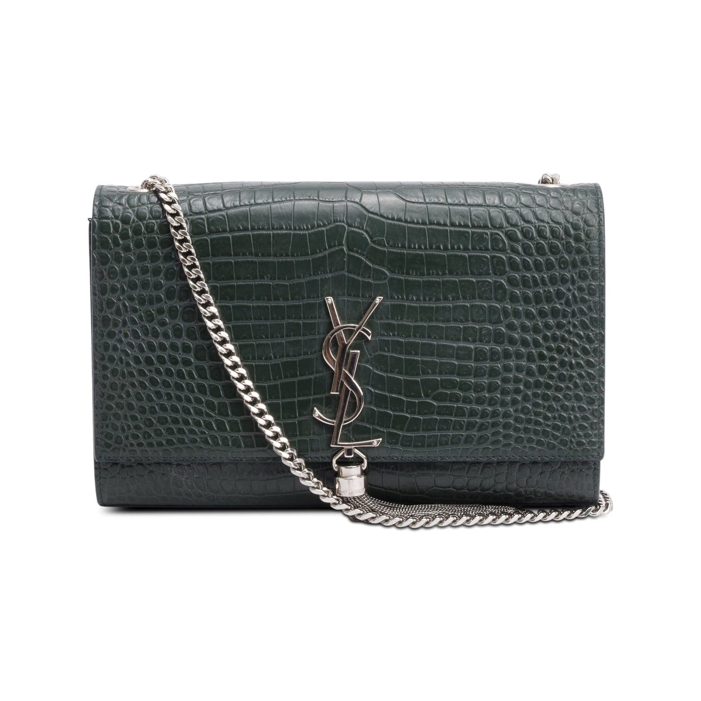 YSL Saint Laurent Crocodile Embossed Medium Classic Kate Tassel Chain Leather Monogram Travel Bag