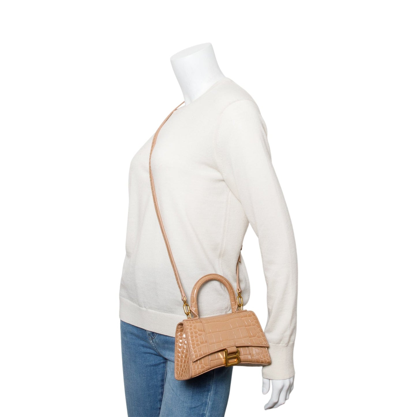 Balenciaga Croc Embossed Xs Hourglass Top Handle Bag Leather Beige Travel Bag