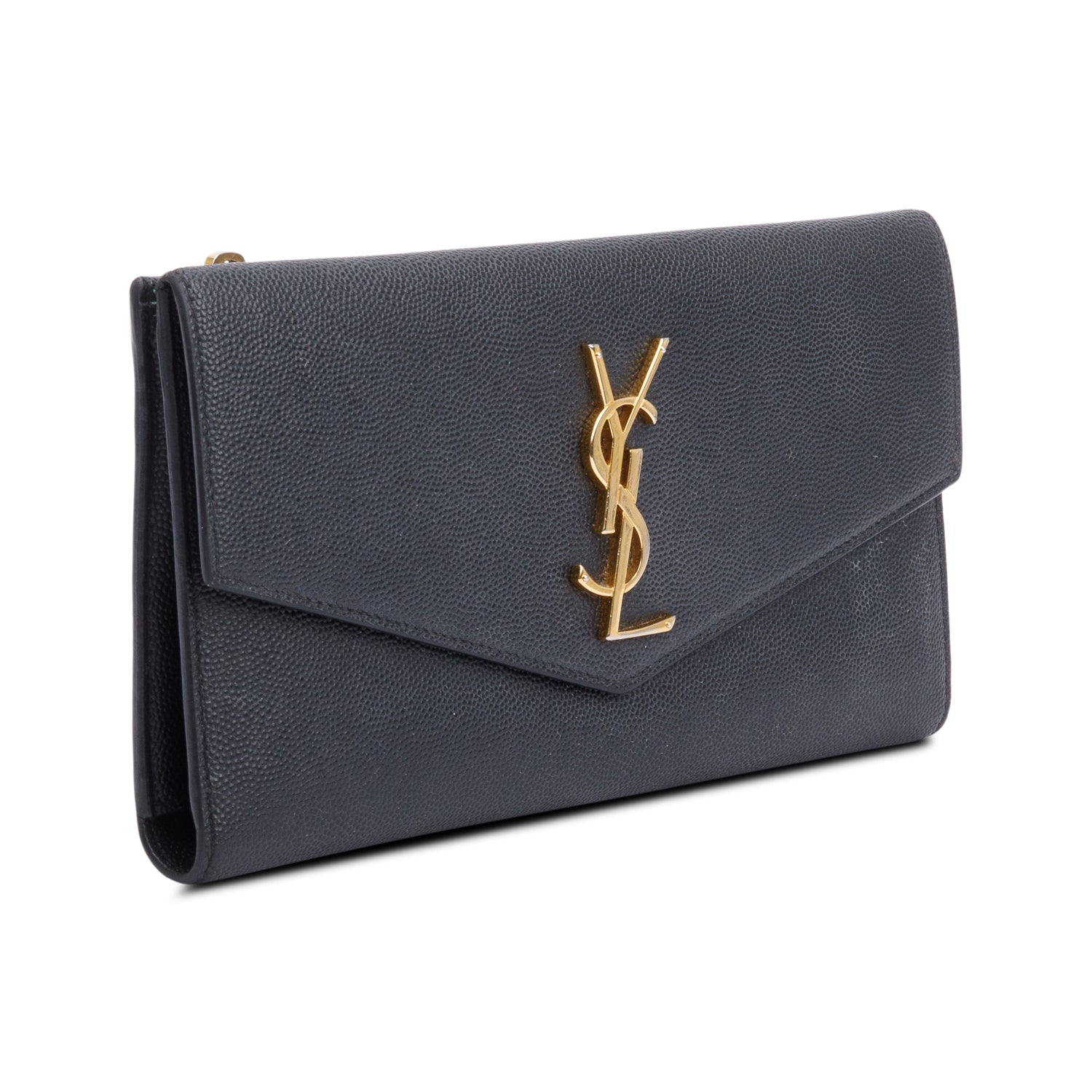 YSL Saint Laurent Grain De Poudre Flap Uptown Wallet Clutch Leather Black Clutch Bag