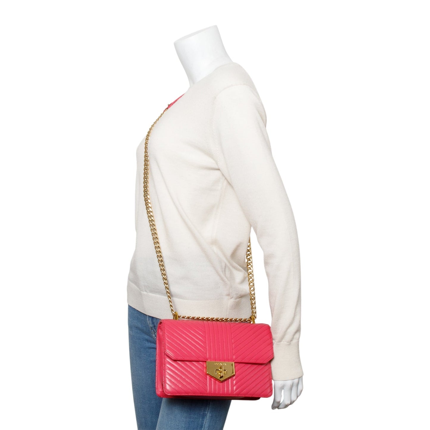 Prada Soft Calf Chevron Impunture Bag Pink Chain Travel Bag