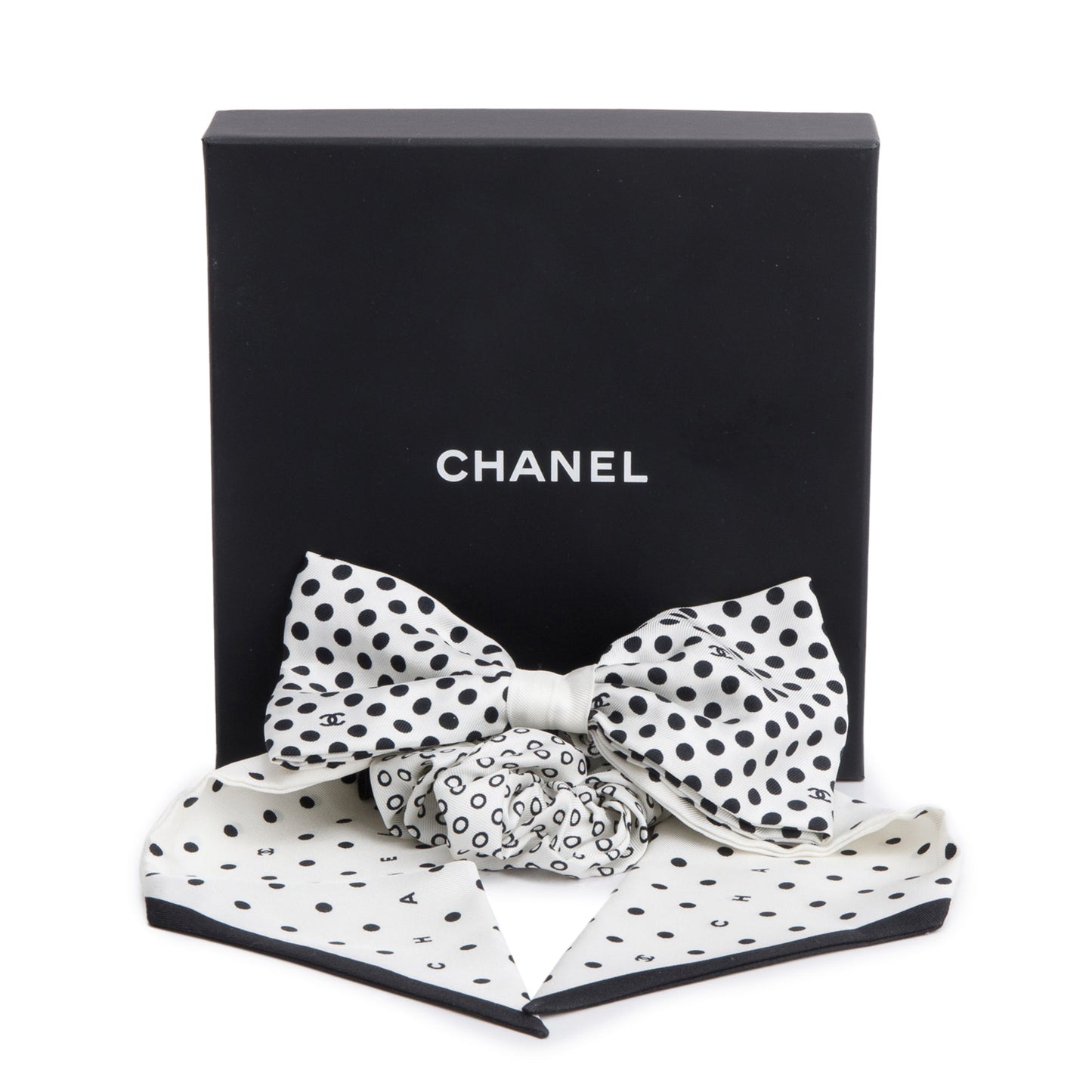 Chanel Silk CC Logo Bow Hair Black White Travel Bag