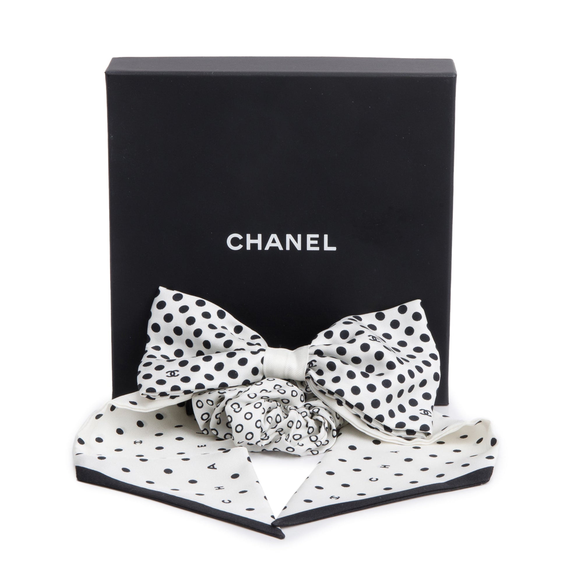 Chanel Silk CC Logo Bow Hair Black White Travel Bag