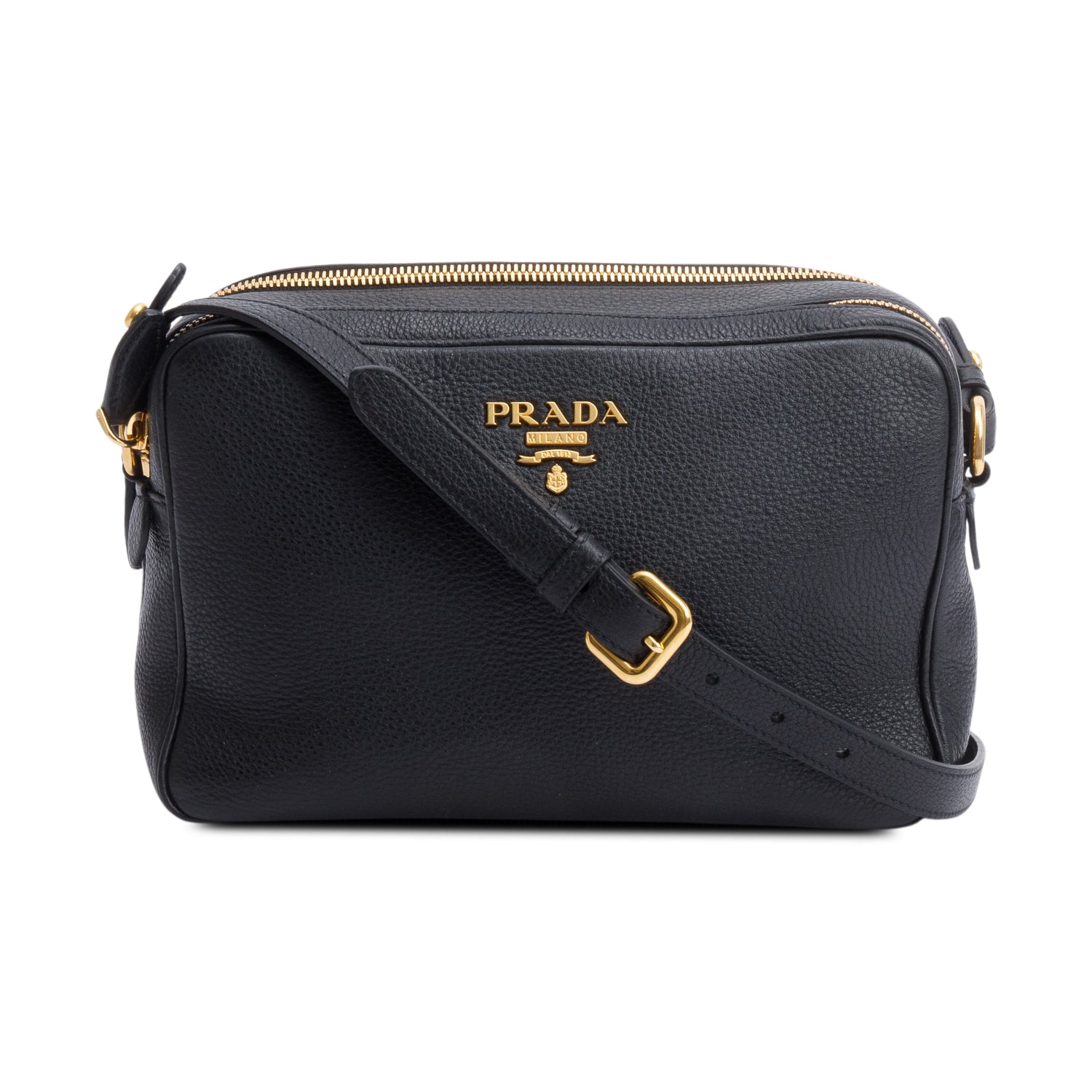 Prada Vitello Daino Double Zip Camera Crossbody Bag Leather Black