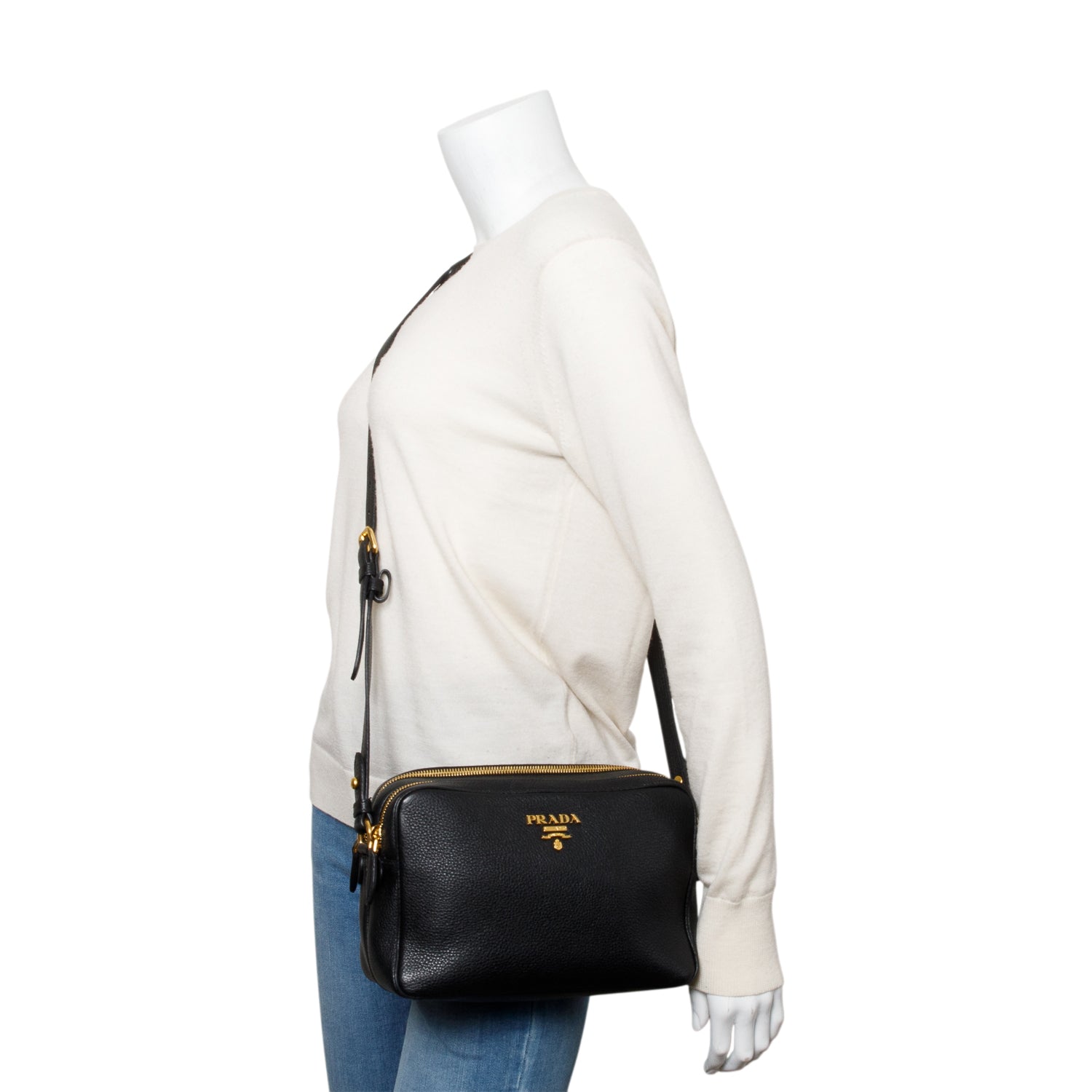 Prada Vitello Daino Double Zip Camera Crossbody Bag Leather Black