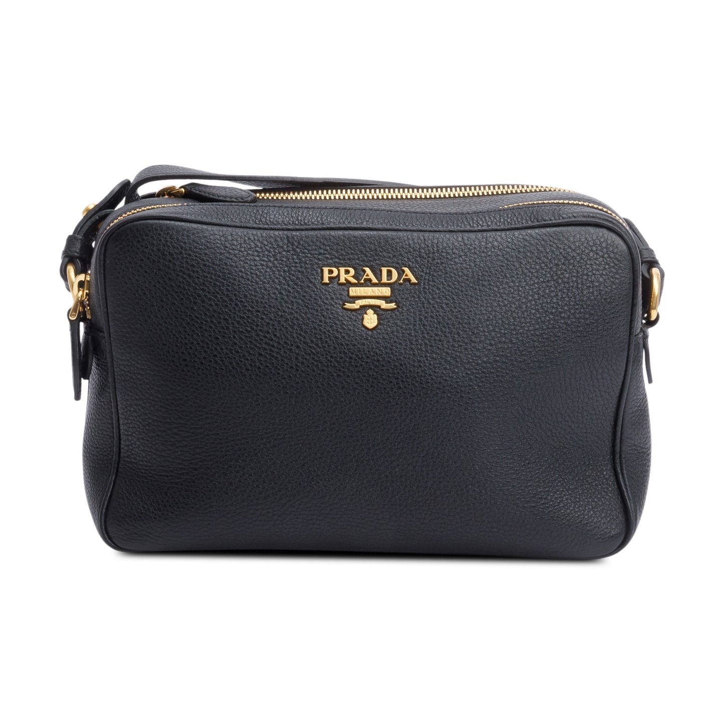 Prada Vitello Daino Double Zip Camera Crossbody Bag Leather Black