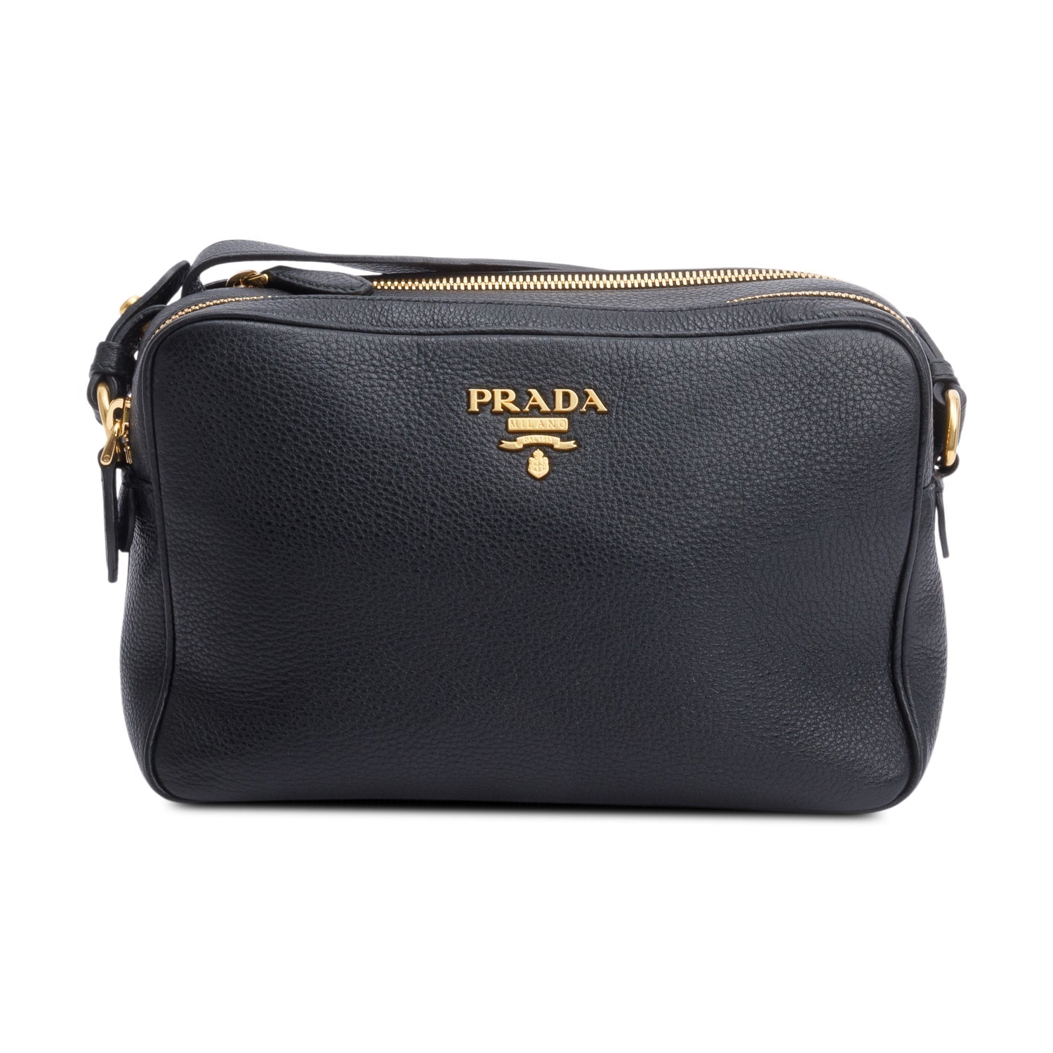 Prada Vitello Daino Double Zip Camera Crossbody Bag Leather Black