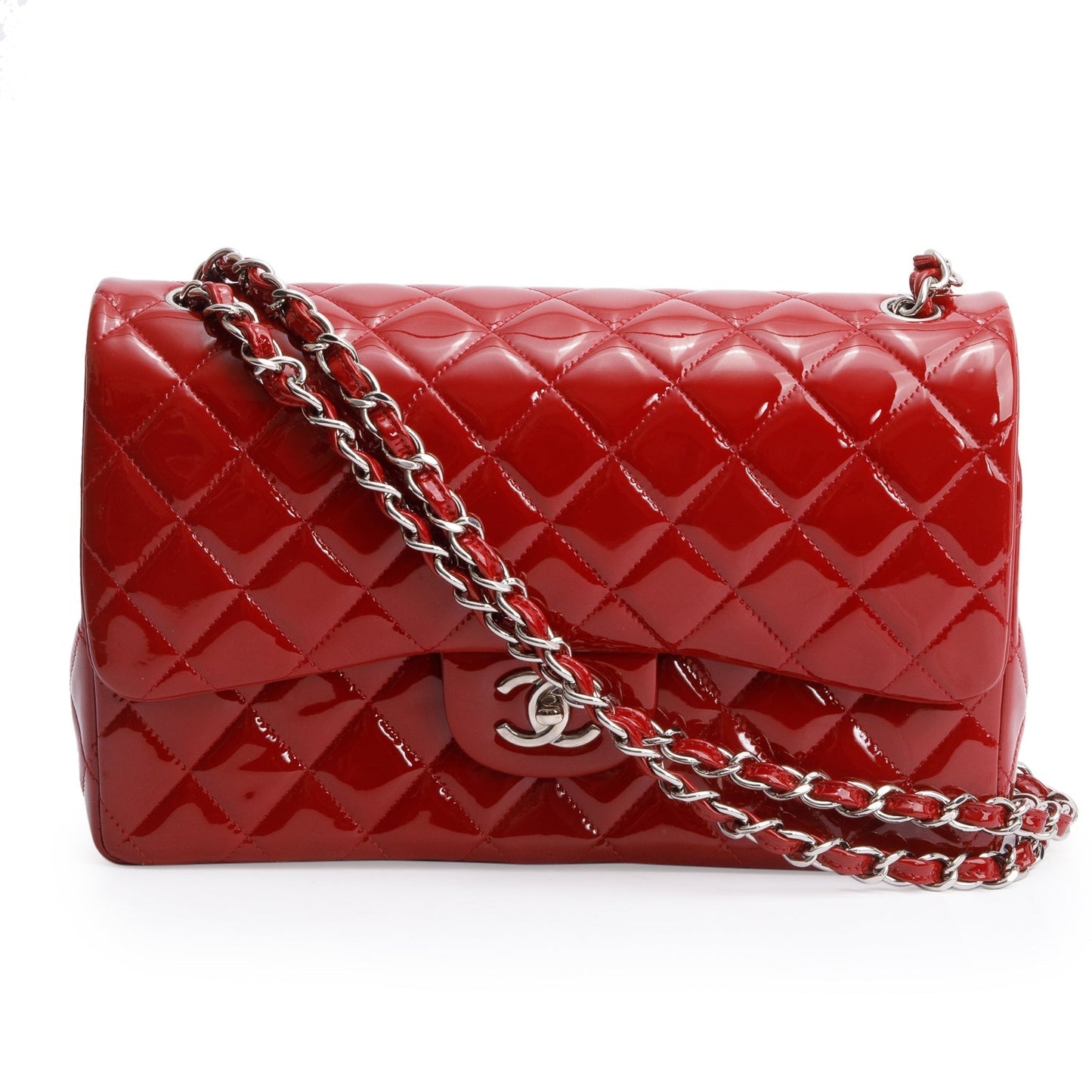 Chanel Quilted Patent Classic Jumbo Double Leather Red Travel Bag