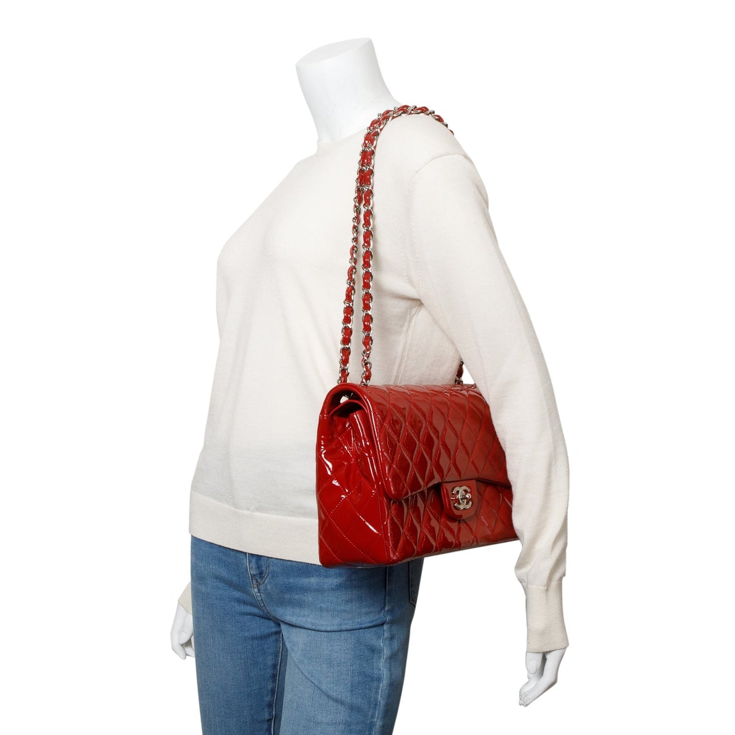 Chanel Quilted Patent Classic Jumbo Double Leather Red Travel Bag