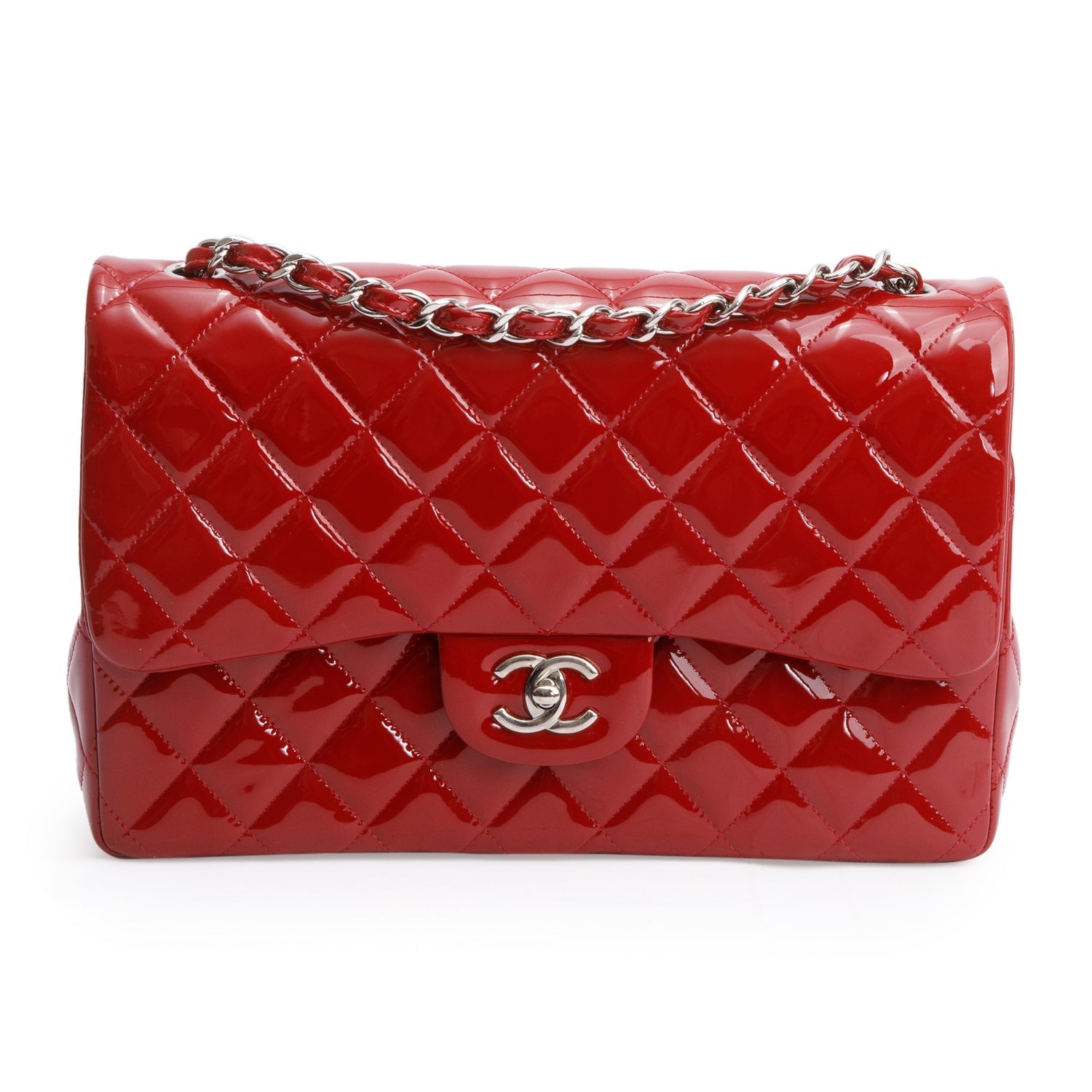 Chanel Quilted Patent Classic Jumbo Double Leather Red Travel Bag