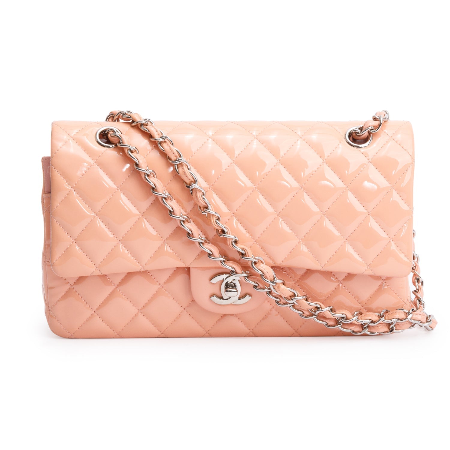 Chanel Peach Quilted Patent Classic Double Leather Travel Bag