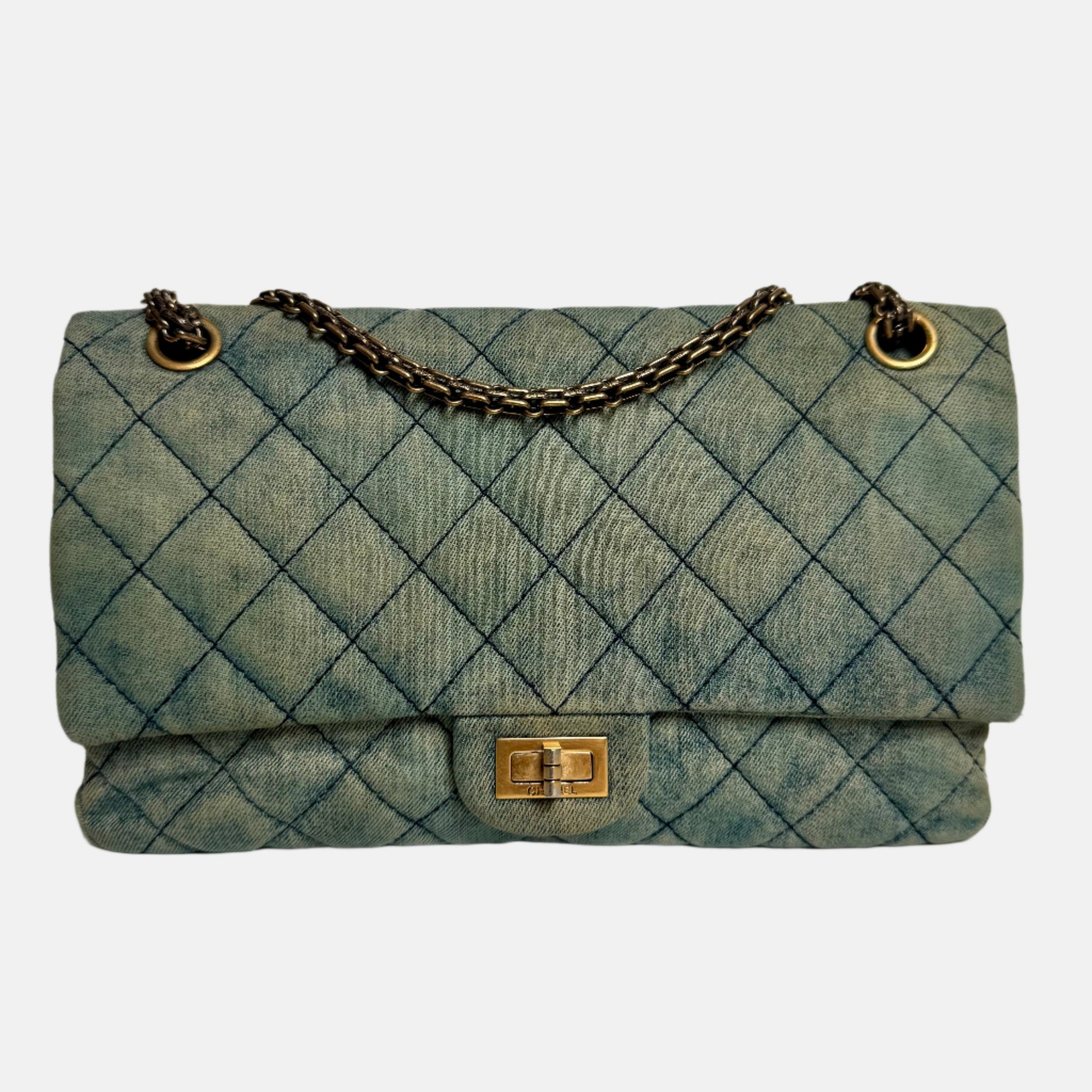Chanel 2.55 Jumbo Double Flap Denim -tone Gold Handbag