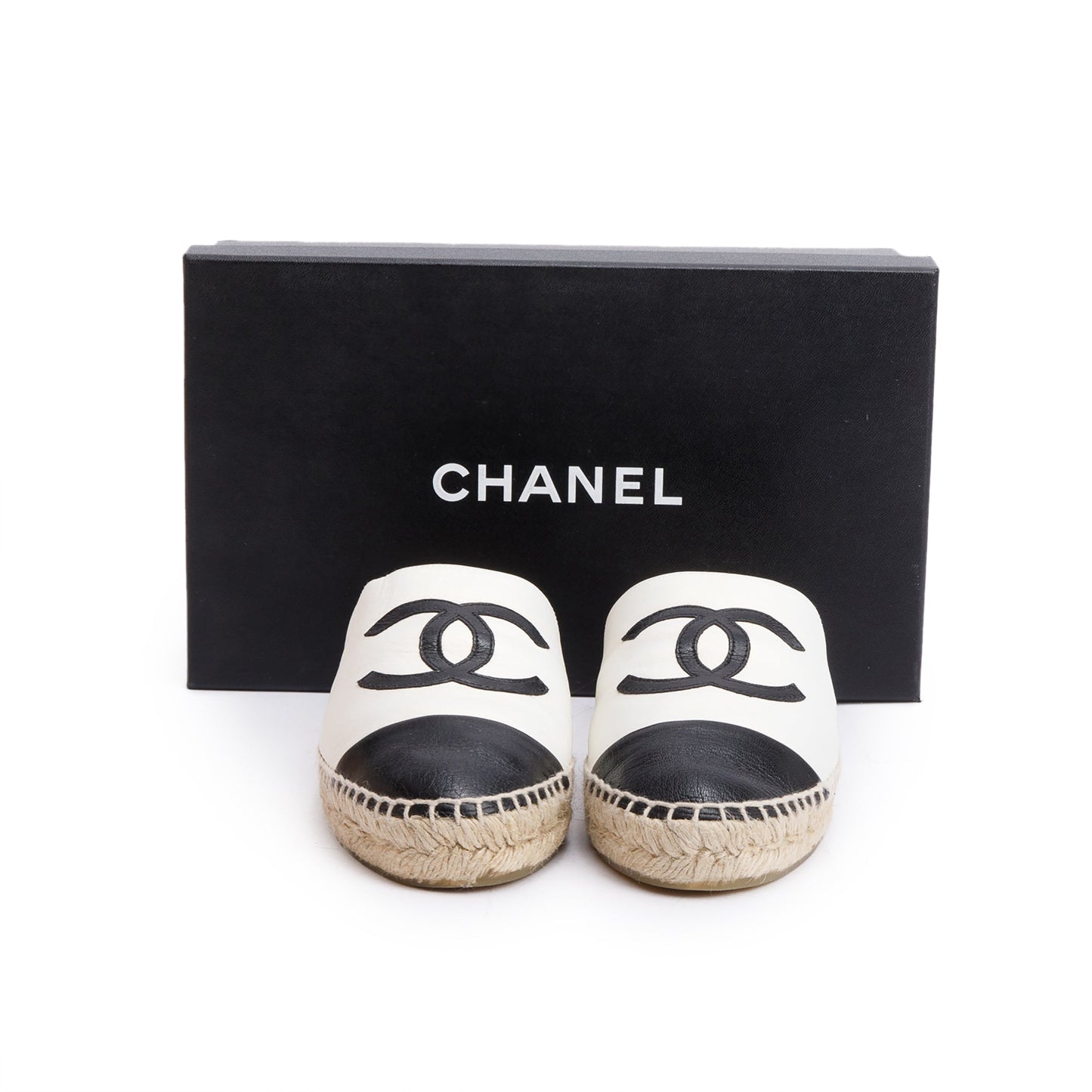 Chanel CC Logo Espadrille Mule Leather Black White Shoes