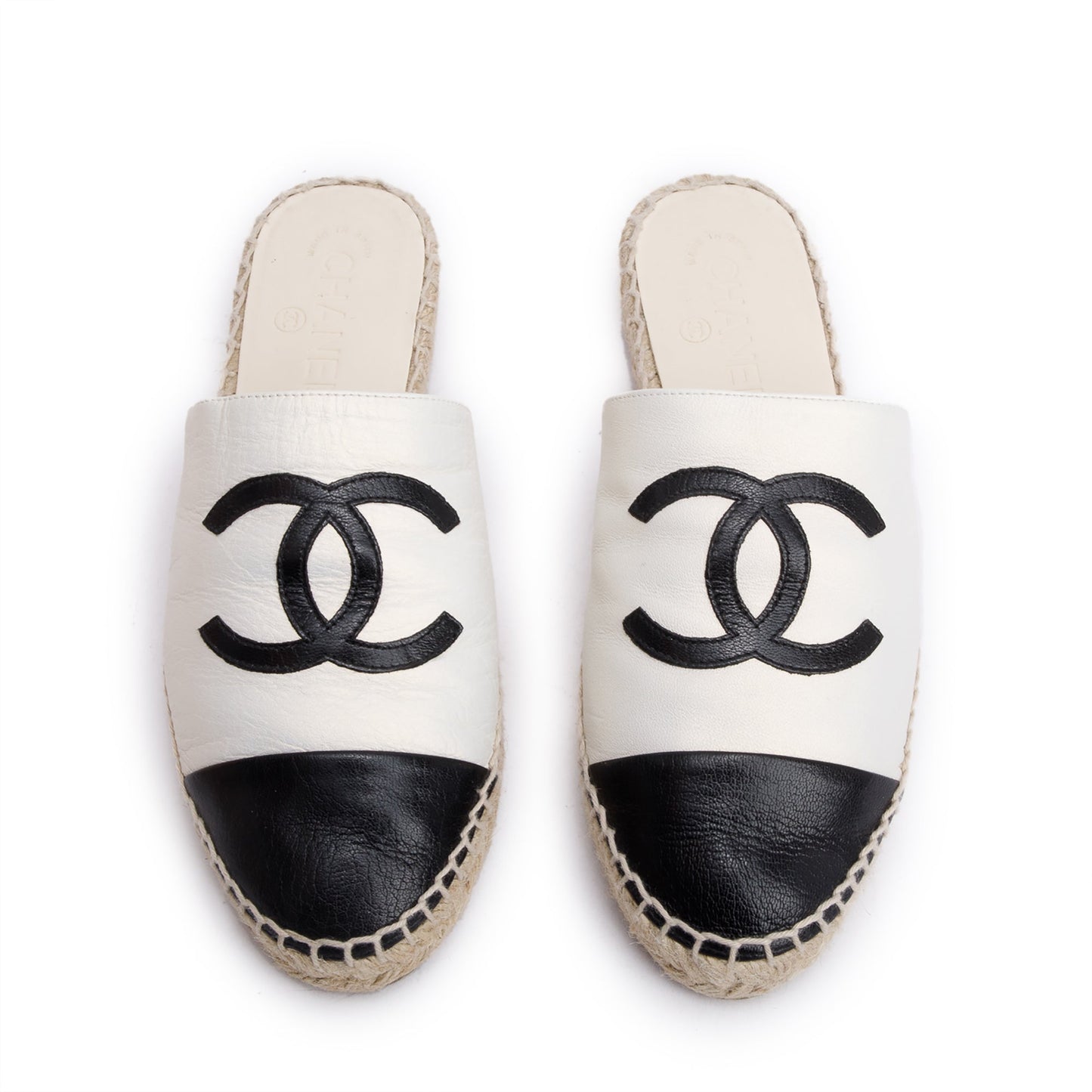 Chanel CC Logo Espadrille Mule Leather Black White Shoes