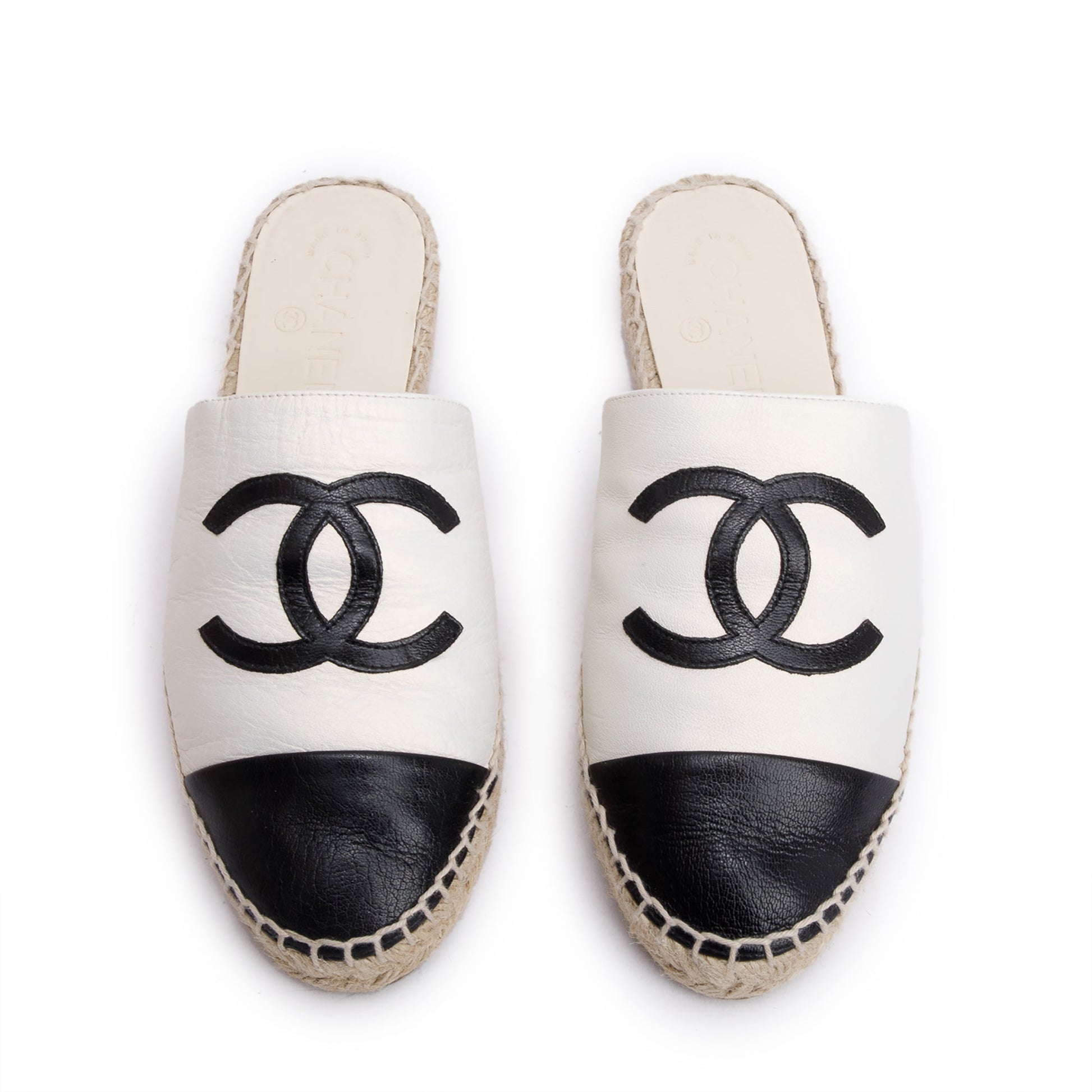 Chanel CC Logo Espadrille Mule Leather Black White Shoes