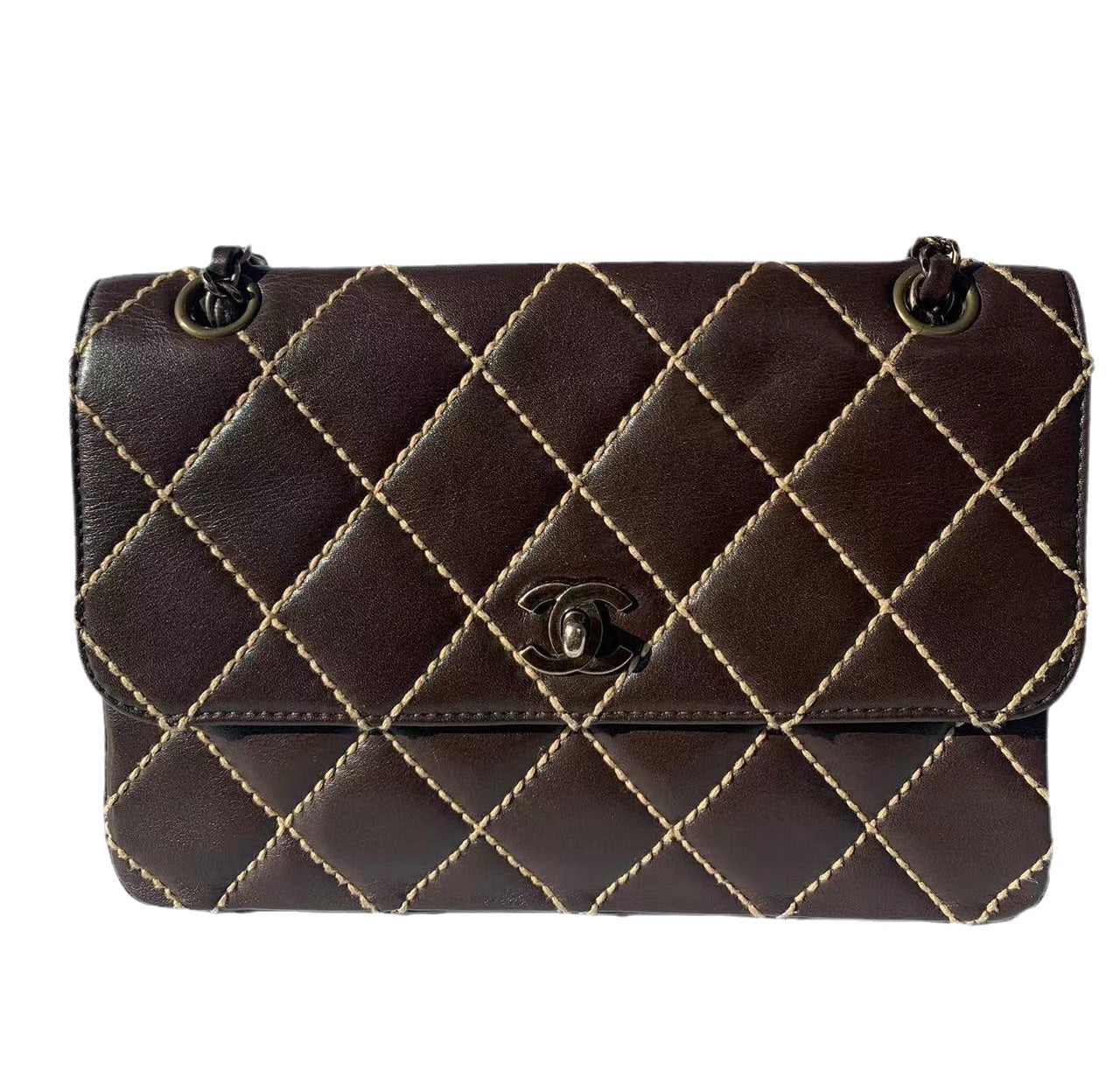 Chanel Wild Stitch Flap Stitching Detail Brown Beige Leather Handbag