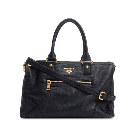 Prada Vitello Daino Zip Convertible Tote Handbag Leather Black Tote Bag