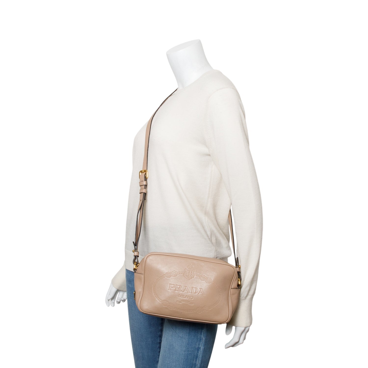 Prada Glace Calf Camera Crossbody Bag Leather Beige