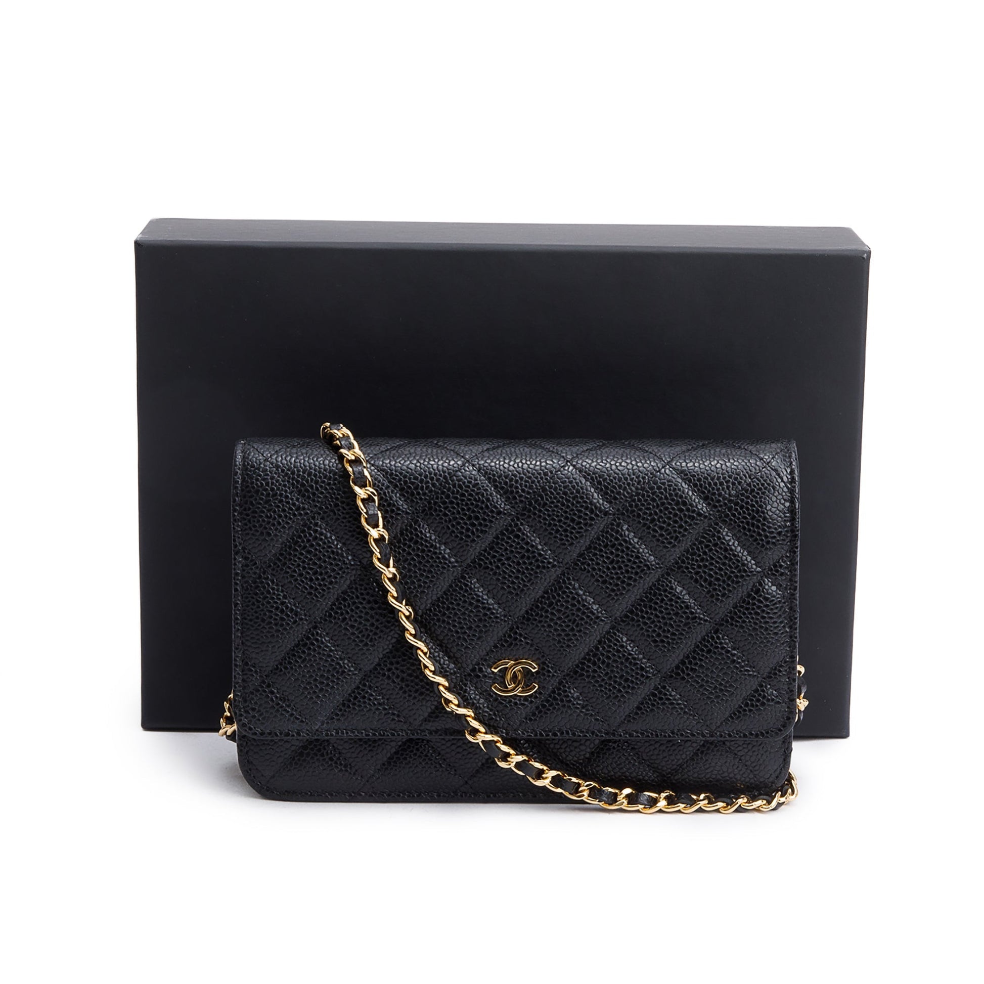 Chanel Quilted Caviar Classic on Leather Black Wallet Case Box Receipt