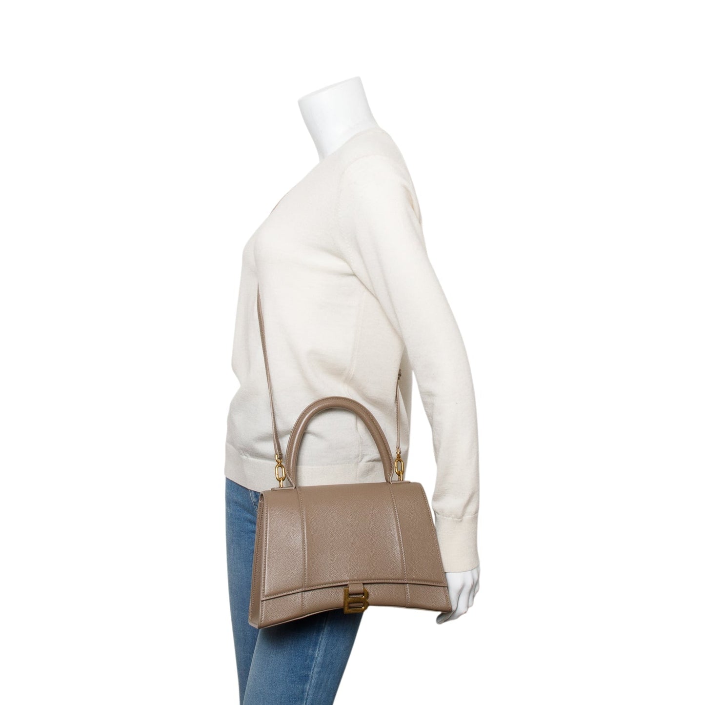 Balenciaga Grained Hourglass Top Handle Bag Leather Beige Travel Bag