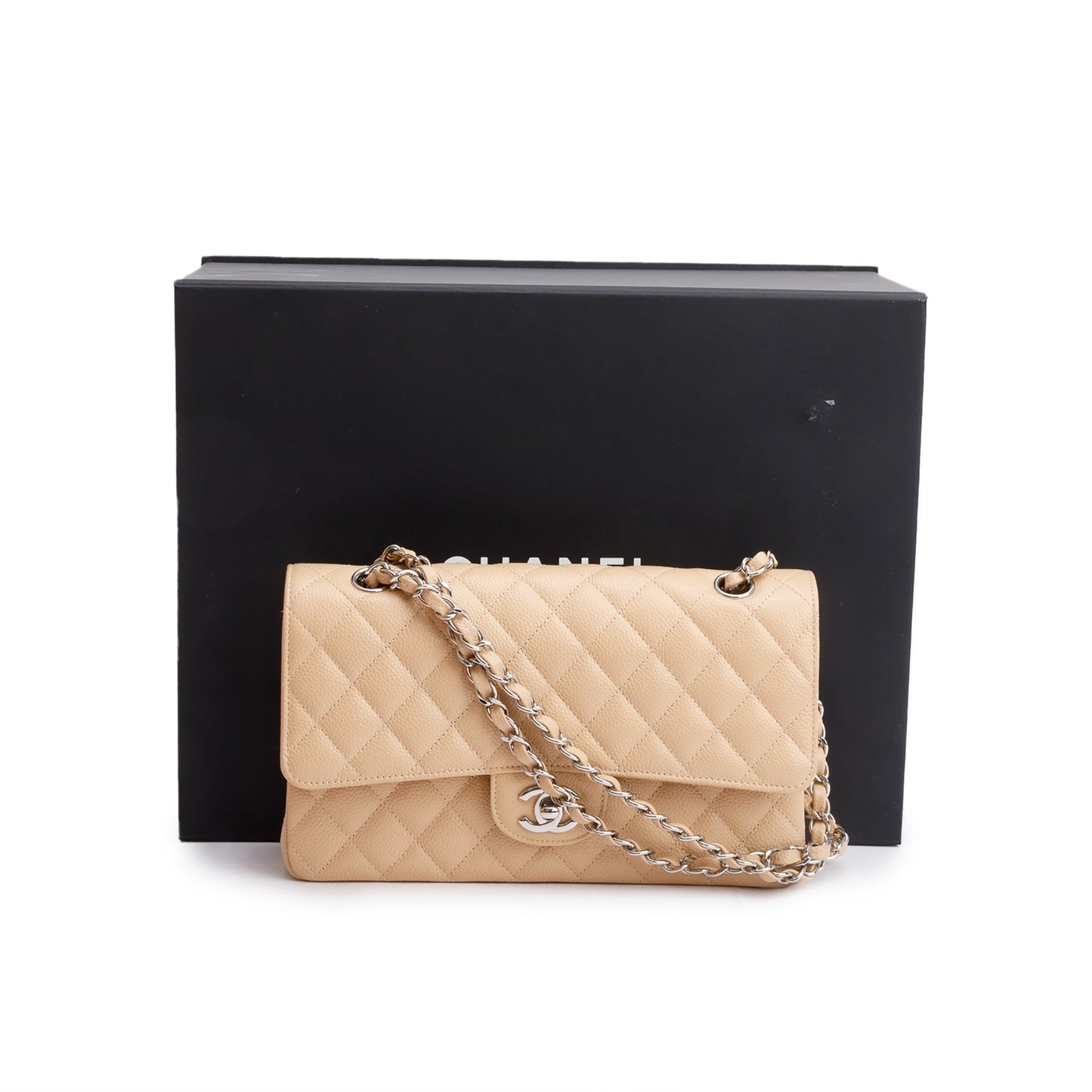 Chanel Quilted Caviar Classic Double Flap Leather Beige Travel Bag 3