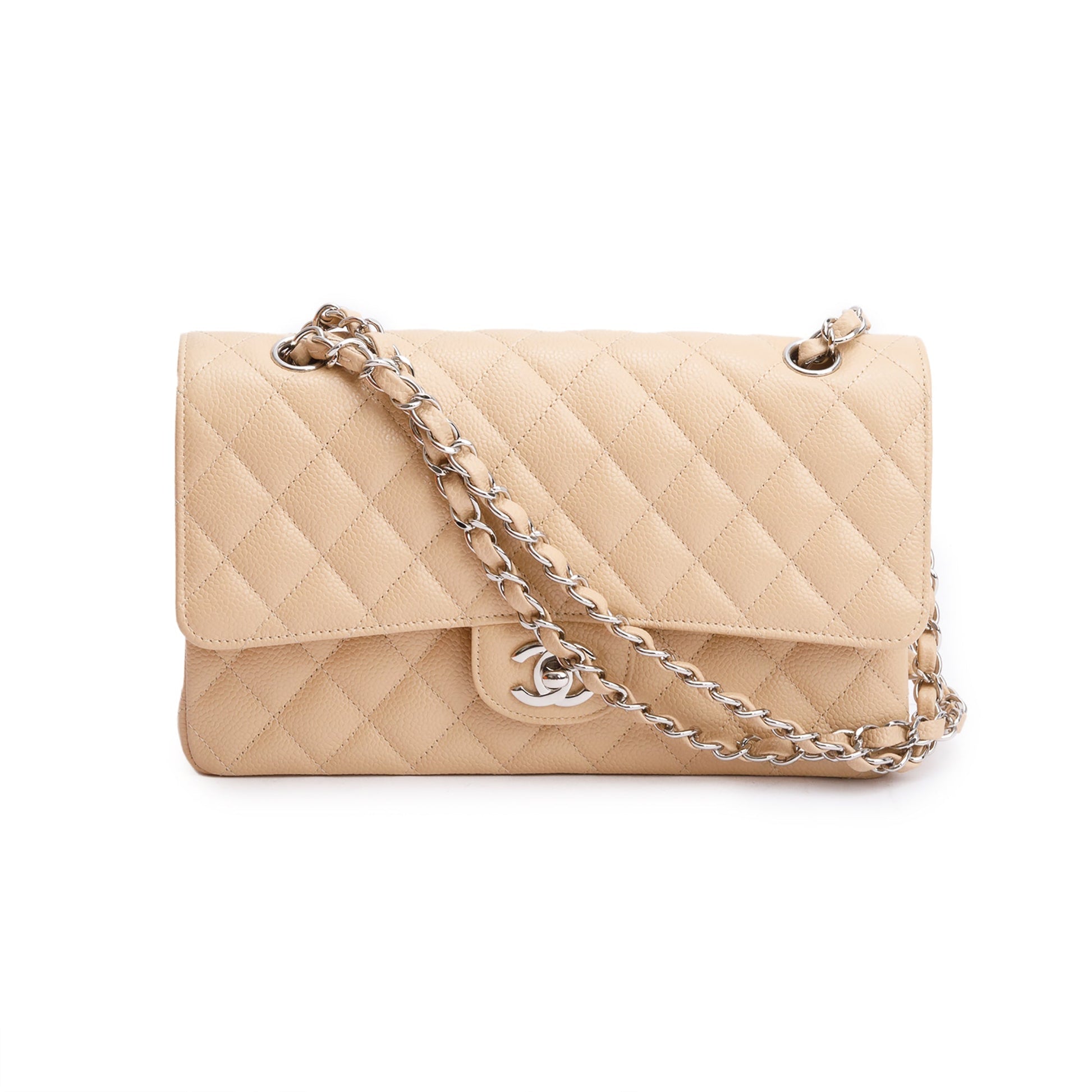 Chanel Quilted Caviar Classic Double Flap Leather Beige Travel Bag 3