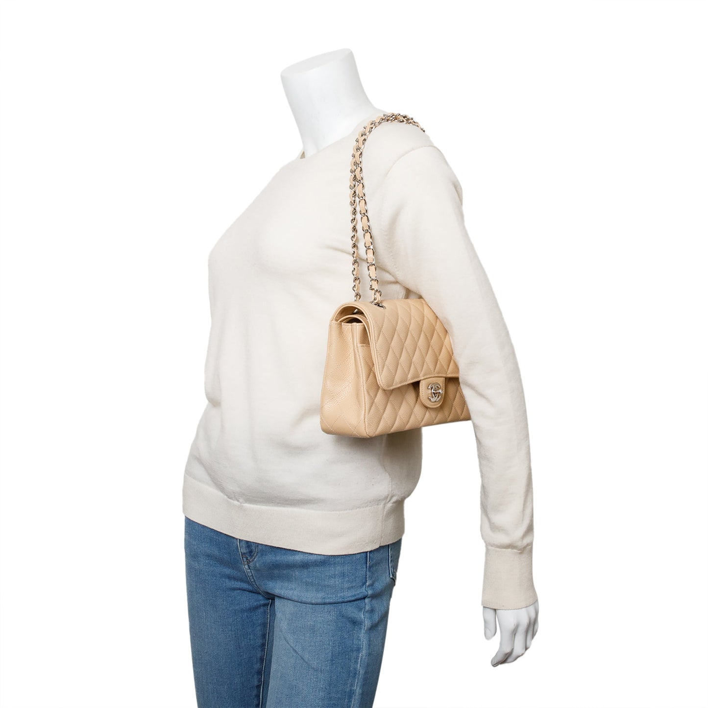 Chanel Quilted Caviar Classic Double Flap Leather Beige Travel Bag 3