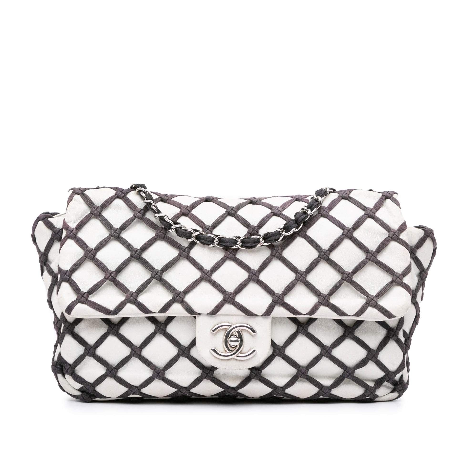 White Chanel Jumbo Calfskin Canebiers Net Flap Shoulder Bag
