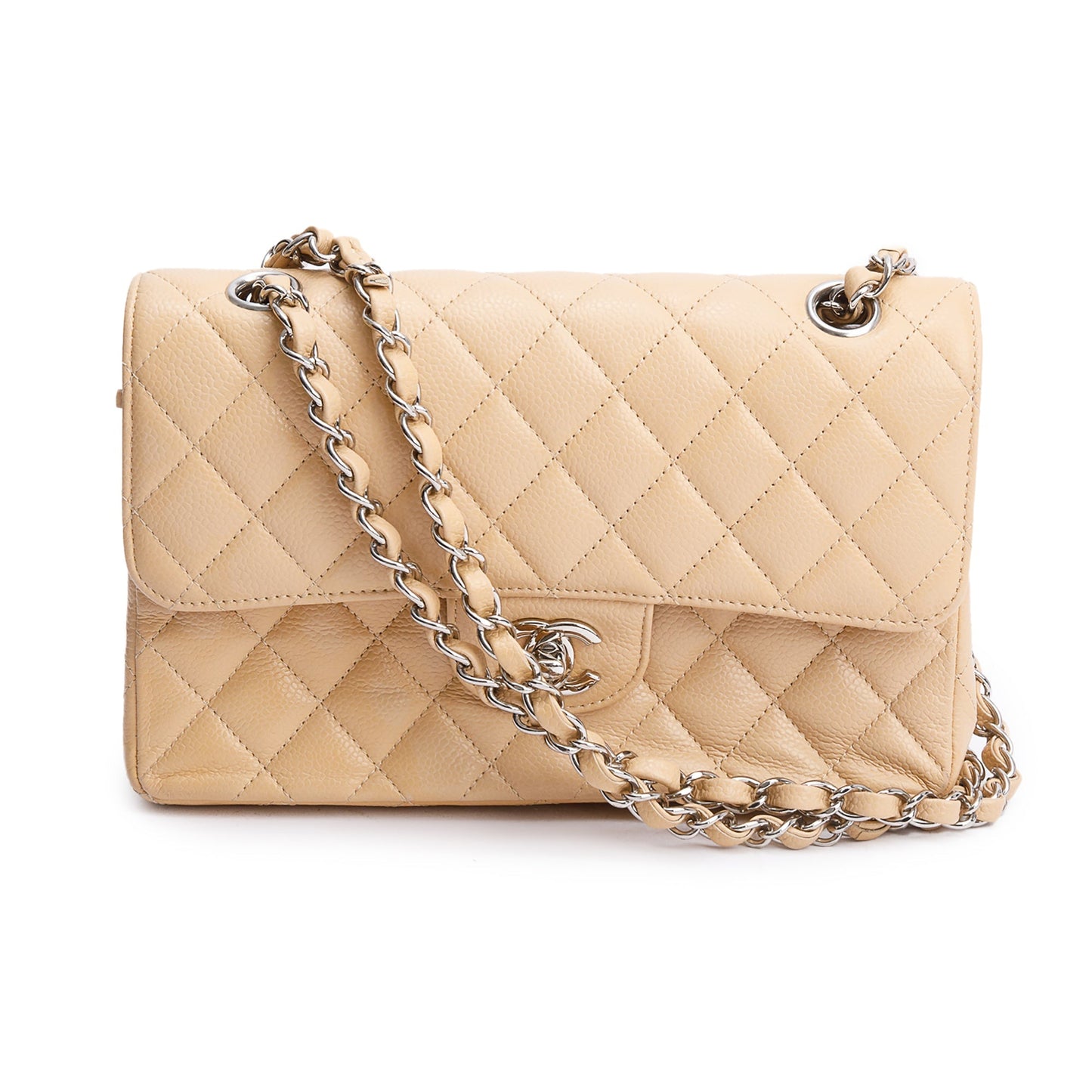 Chanel Quilted Caviar Classic Double Flap Leather Beige Travel Bag Flap Bag