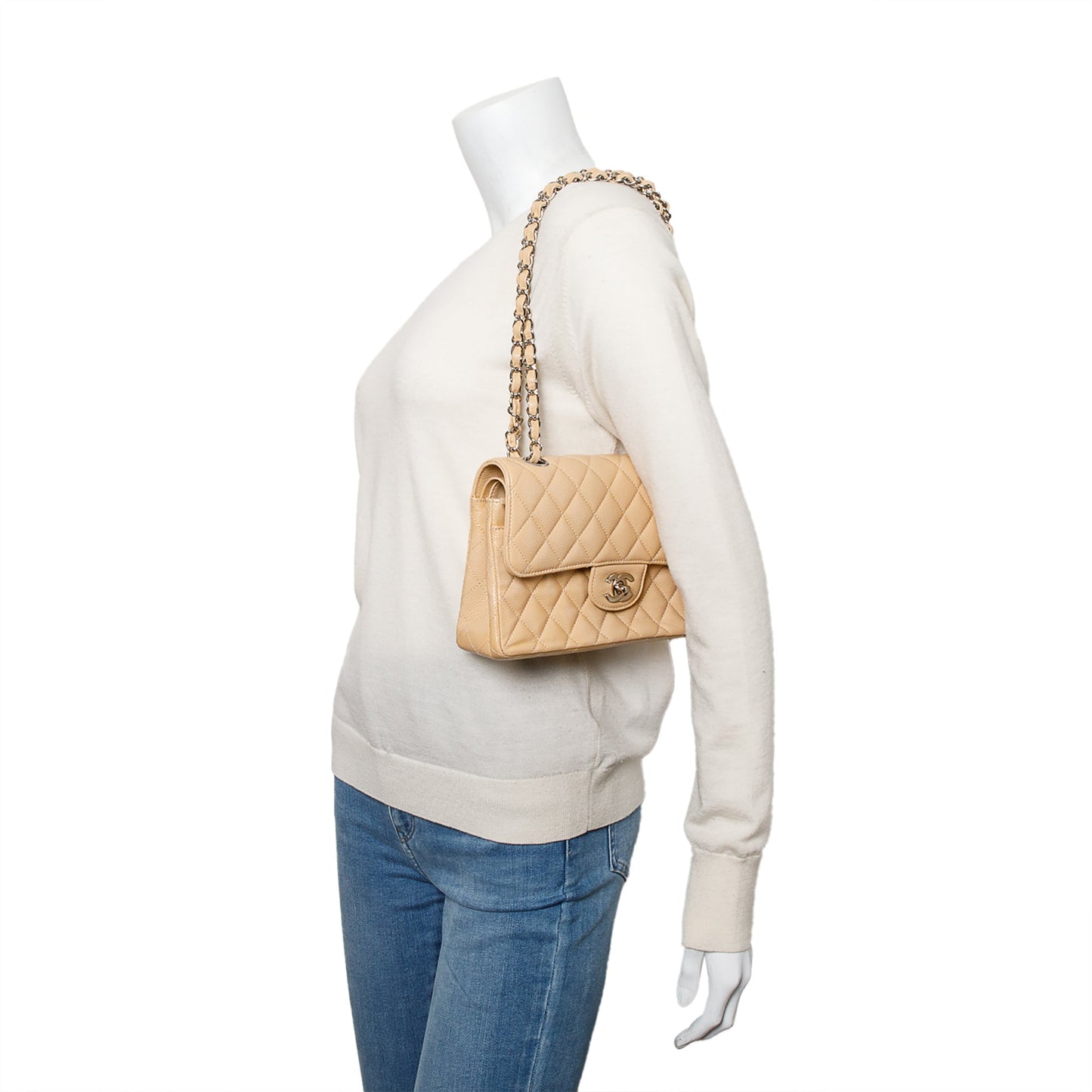 Chanel Quilted Caviar Classic Double Flap Leather Beige Travel Bag Flap Bag