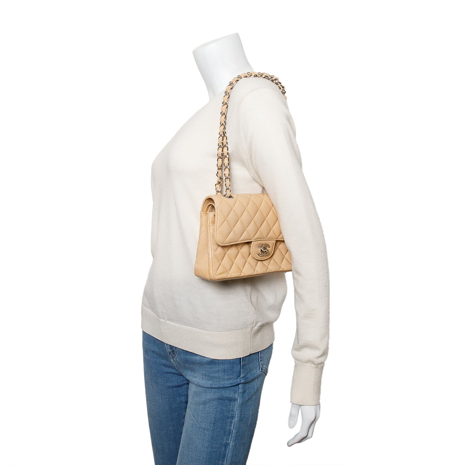 Chanel Quilted Caviar Classic Double Flap Leather Beige Travel Bag Flap Bag