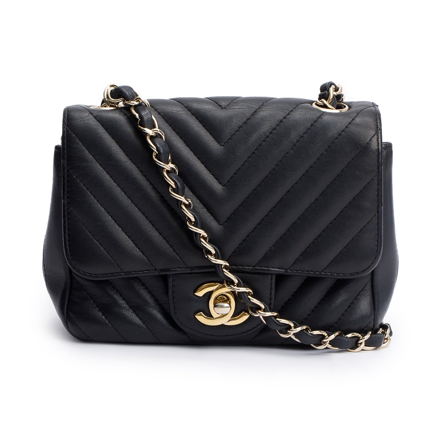 Chanel Chevron Quilted Classic Square Flap Leather Lambskin Black Travel Bag