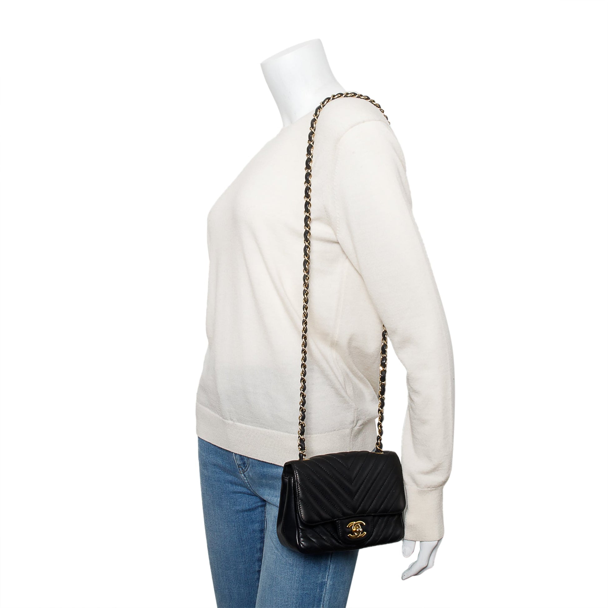 Chanel Chevron Quilted Classic Square Flap Leather Lambskin Black Travel Bag