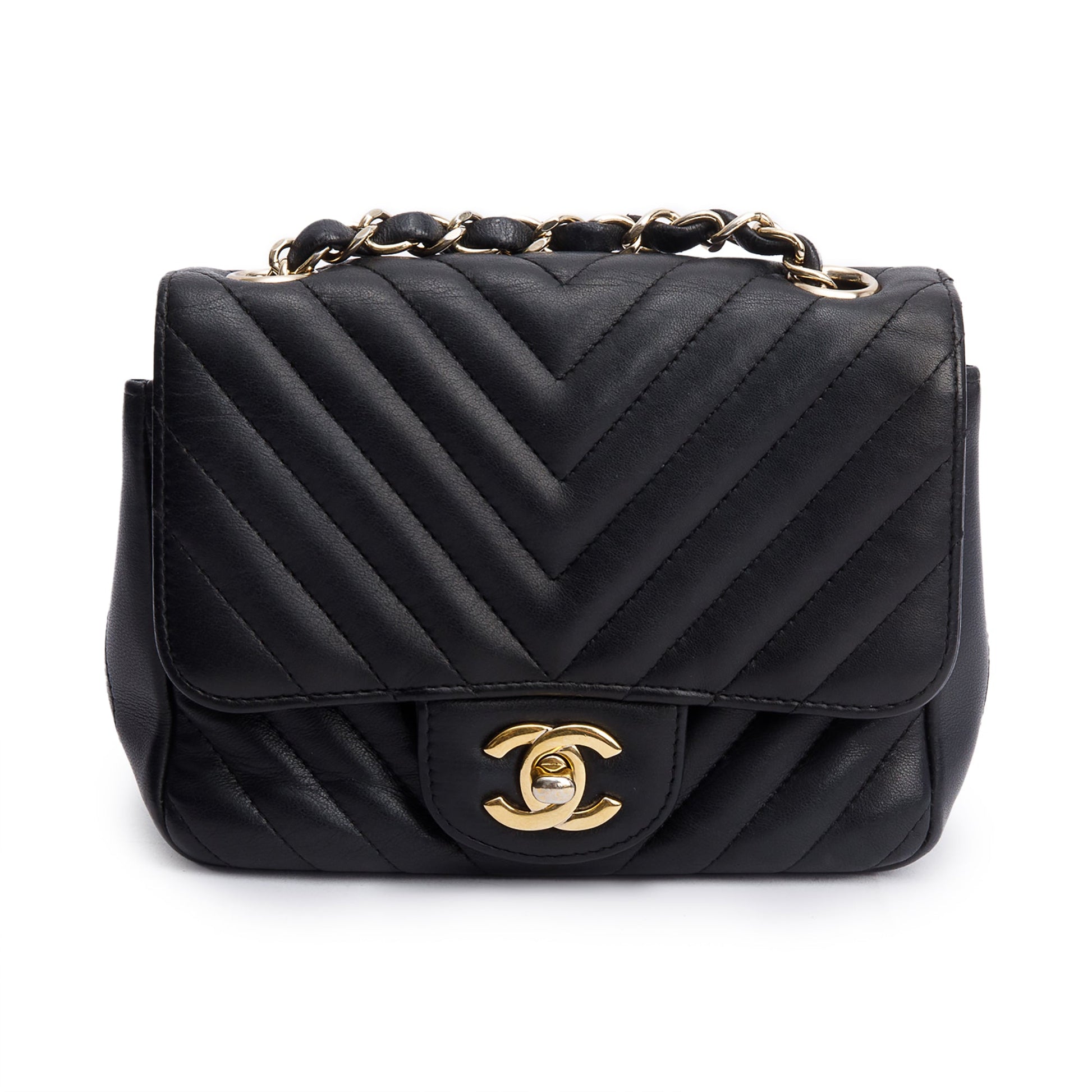 Chanel Chevron Quilted Classic Square Flap Leather Lambskin Black Travel Bag