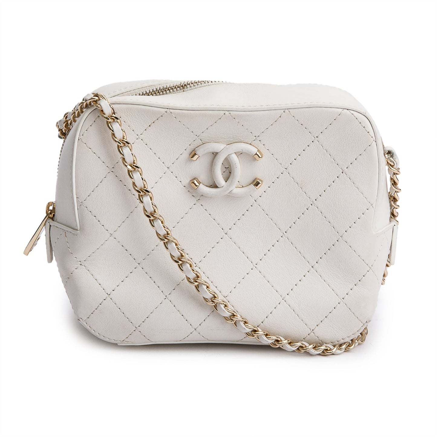 Chanel Stitched Enamel CC Camera Leather Calfskin White Travel Bag